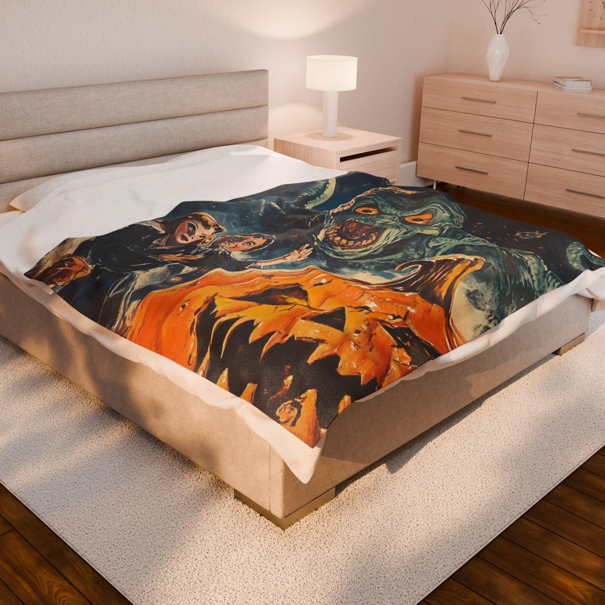 Spooky Movie Night Velveteen Throw Blanket: Halloween Haunted House Decor