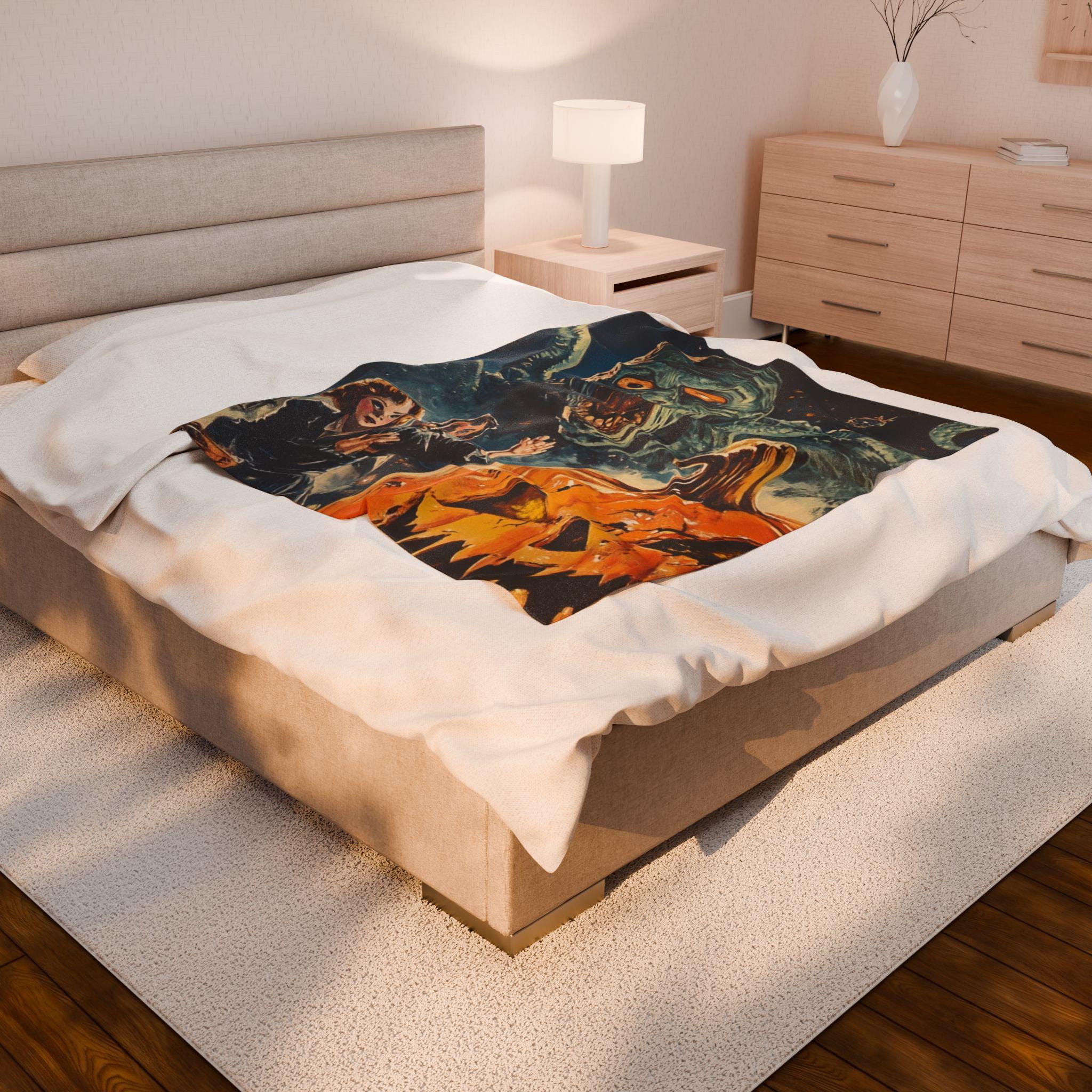 Spooky Movie Night Velveteen Throw Blanket: Halloween Haunted House Decor