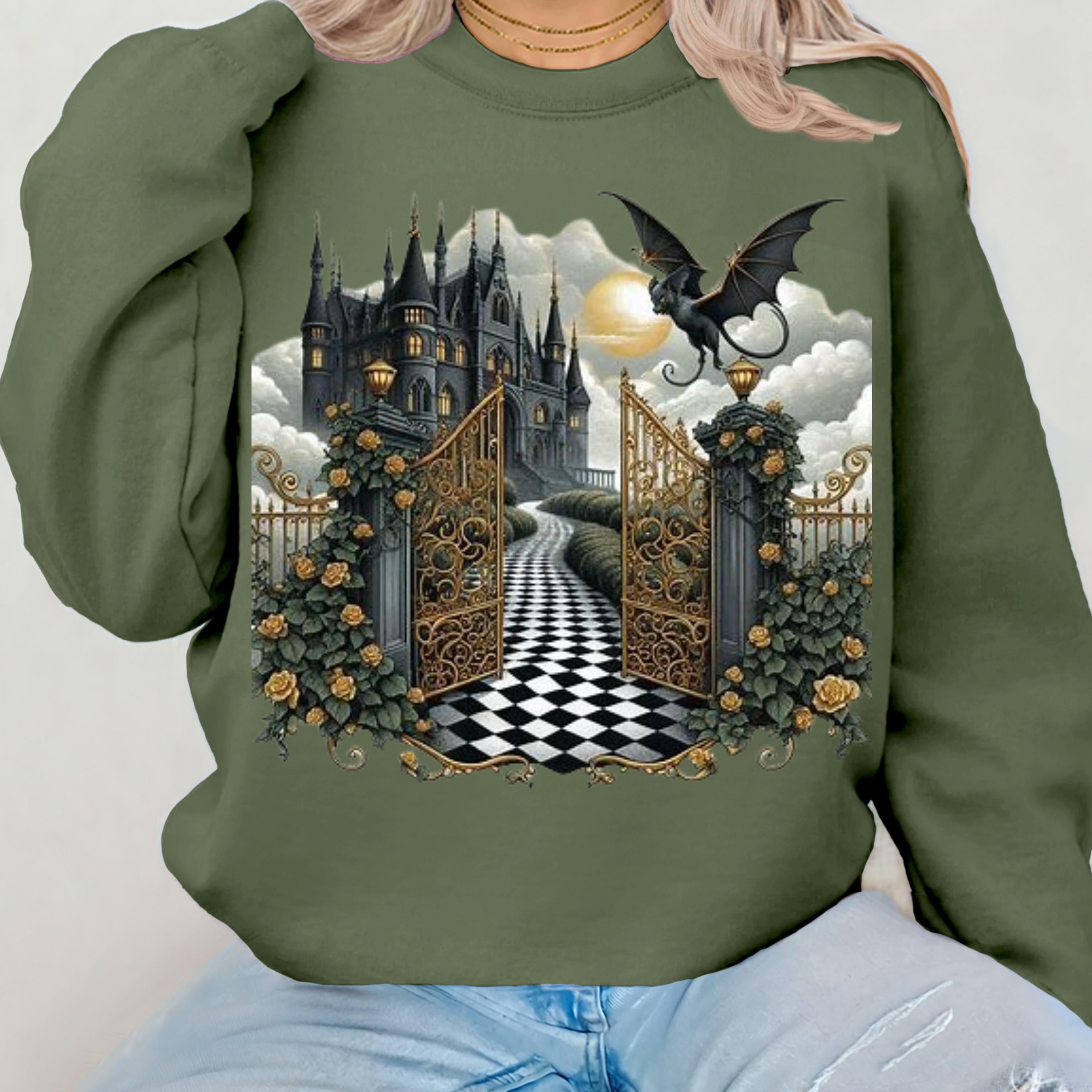Parody Mystical Castle Gothic Crewneck: Spooky Halloween Sweatshirt for Cozy Autumn Fashion