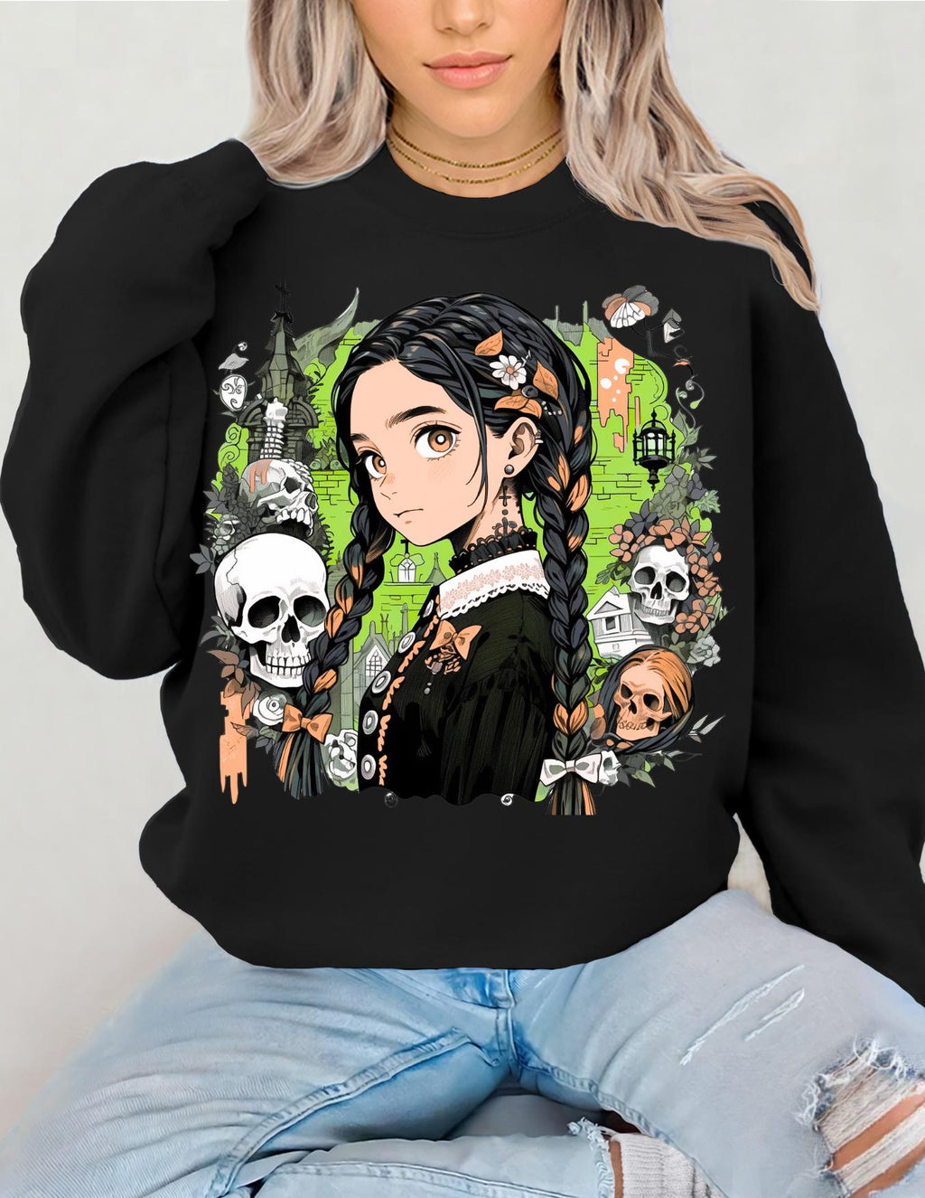 Parody Gothic Anime Crewneck: Spooky Halloween Streetwear for Teens & Young Adults - Cozy Unisex Fashion