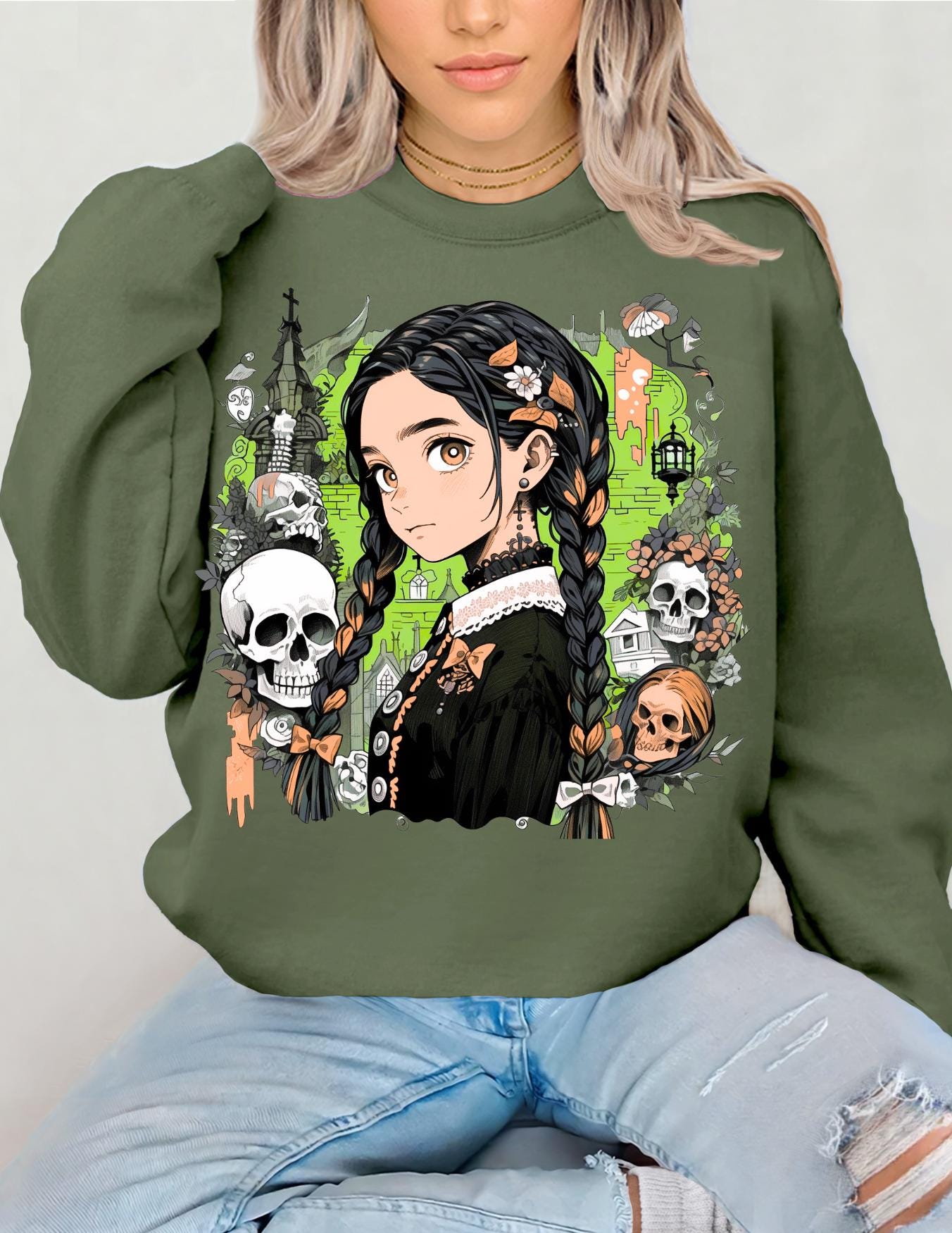 Parody Gothic Anime Crewneck: Spooky Halloween Streetwear for Teens & Young Adults - Cozy Unisex Fashion