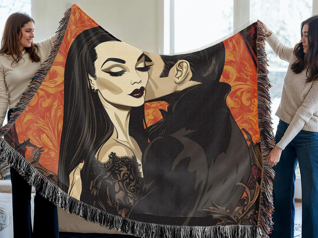 Gothic Romance Woven Cotton Blanket: Parody Throw with Fringe