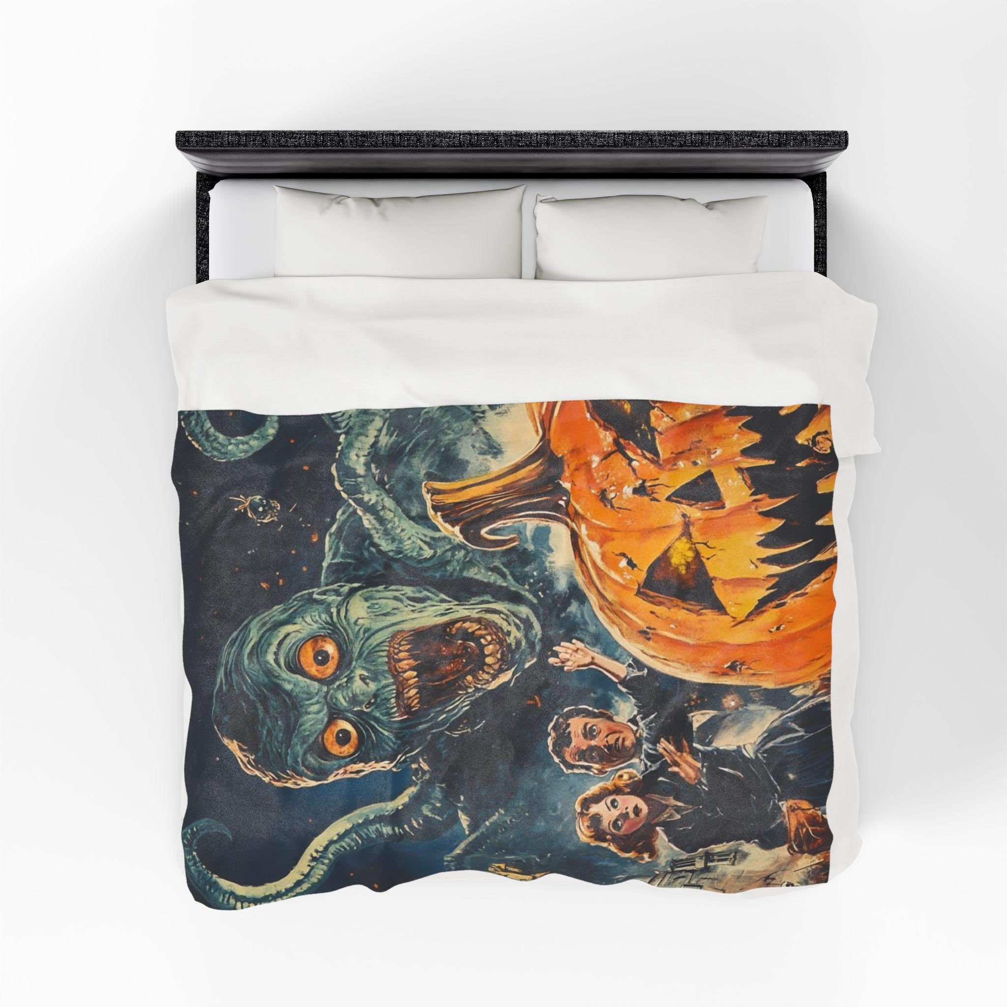 Spooky Movie Night Velveteen Throw Blanket: Halloween Haunted House Decor