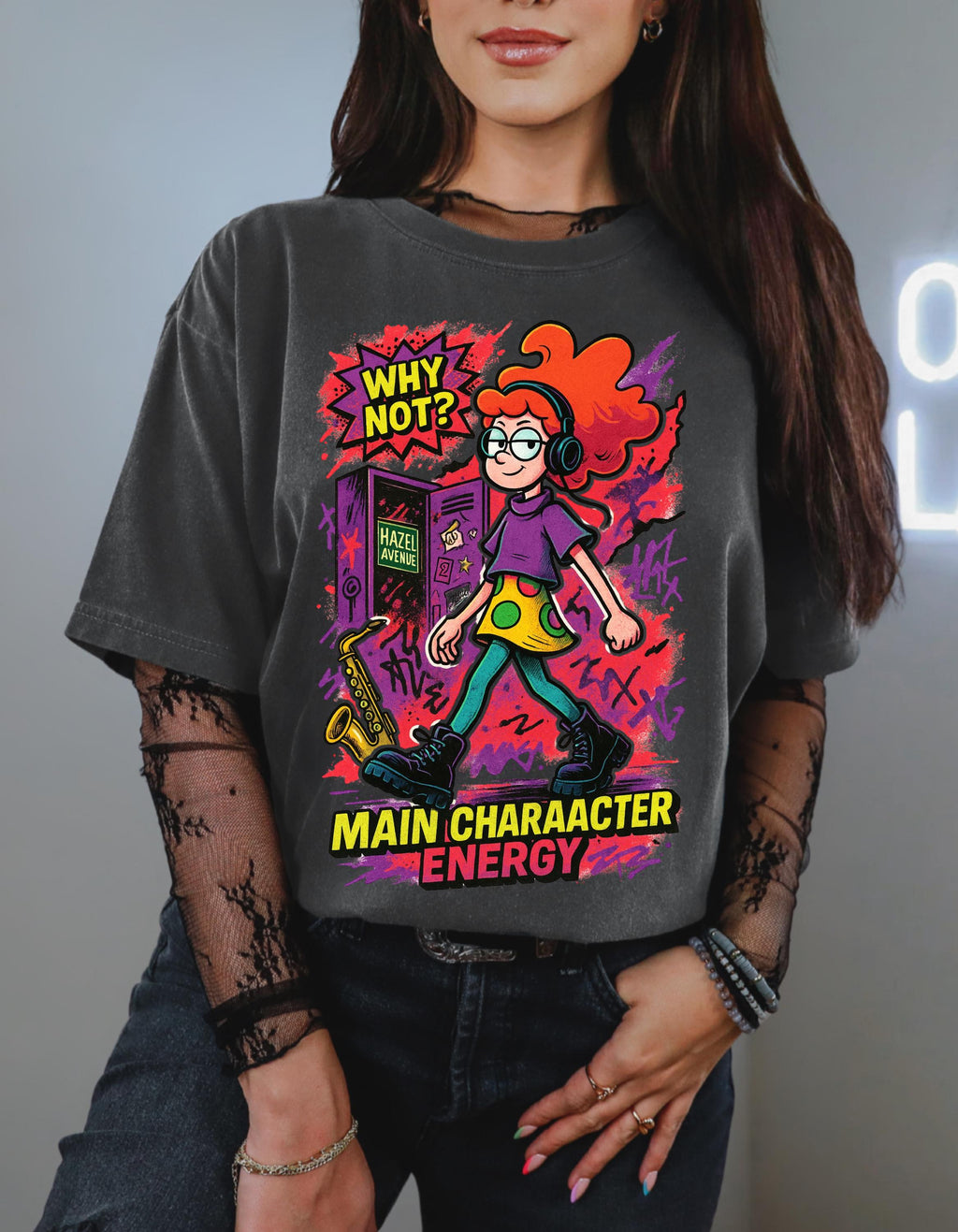 Quirky Main Character Energy Tee: Garment-Dyed Cotton Graphic Shirt