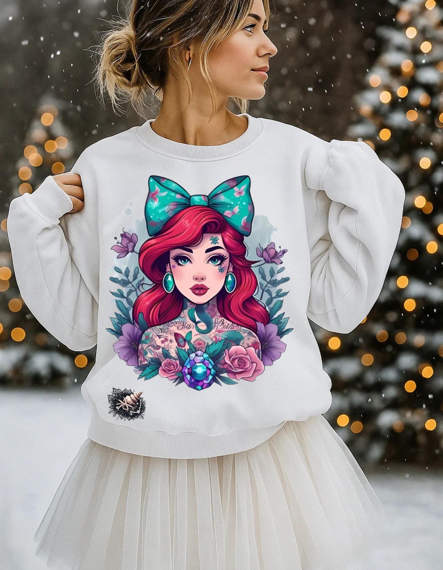 Vintage Tattooed Mermaid Crewneck: Grunge Y2K Unisex Sweater, Alternative Hipster Fashion Pullover