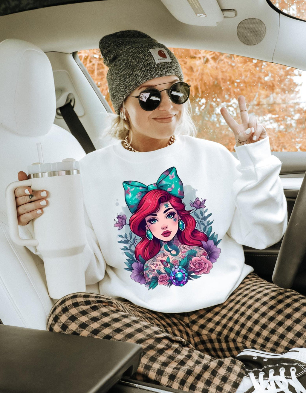 Vintage Tattooed Mermaid Crewneck: Grunge Y2K Unisex Sweater, Alternative Hipster Fashion Pullover