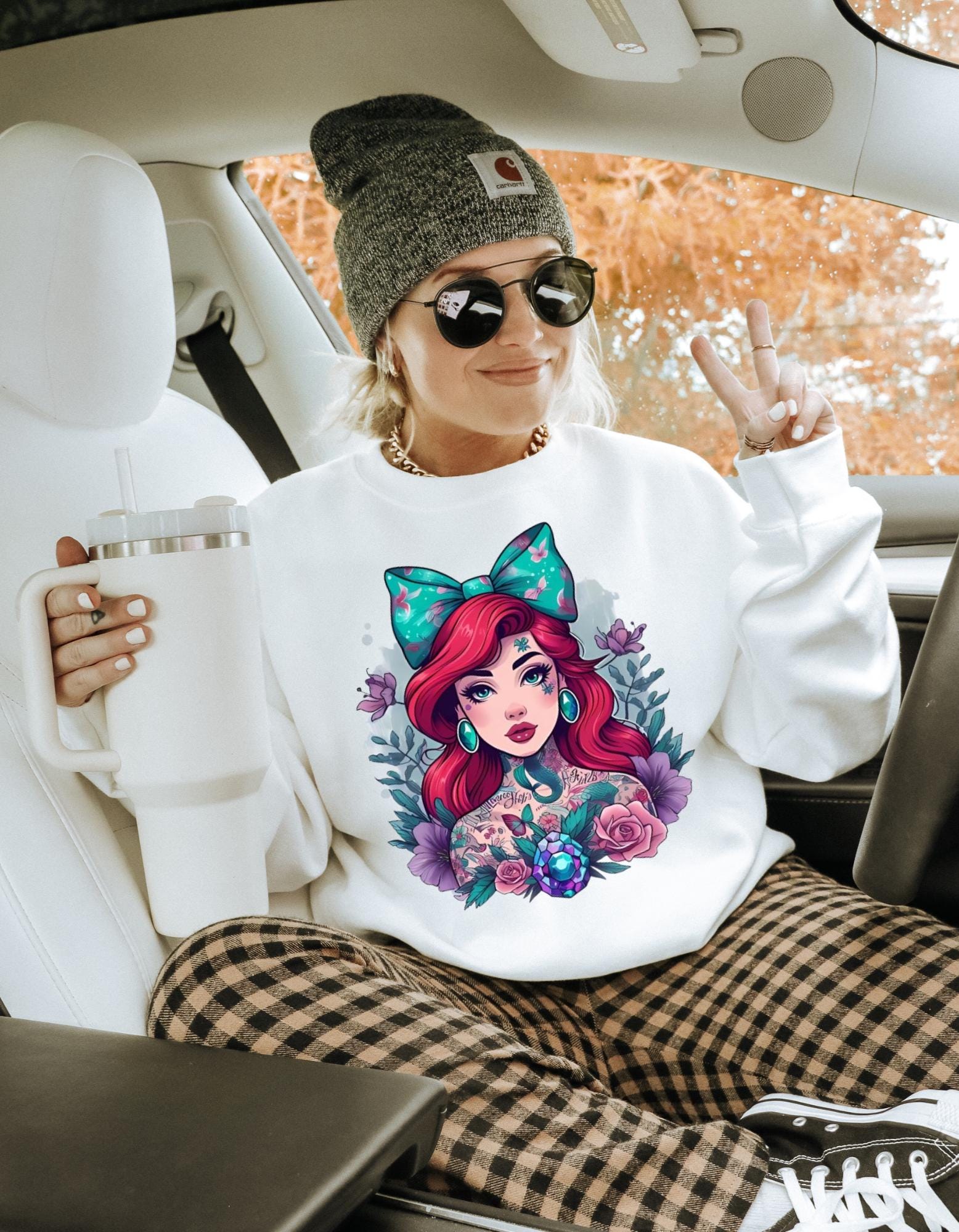 Vintage Tattooed Mermaid Crewneck: Grunge Y2K Unisex Sweater, Alternative Hipster Fashion Pullover