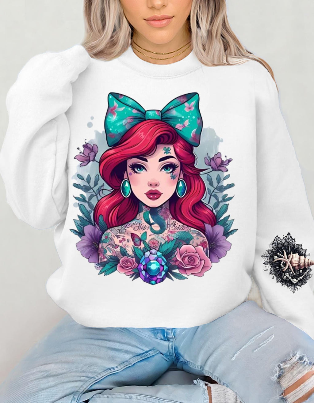 Vintage Tattooed Mermaid Crewneck: Grunge Y2K Unisex Sweater, Alternative Hipster Fashion Pullover