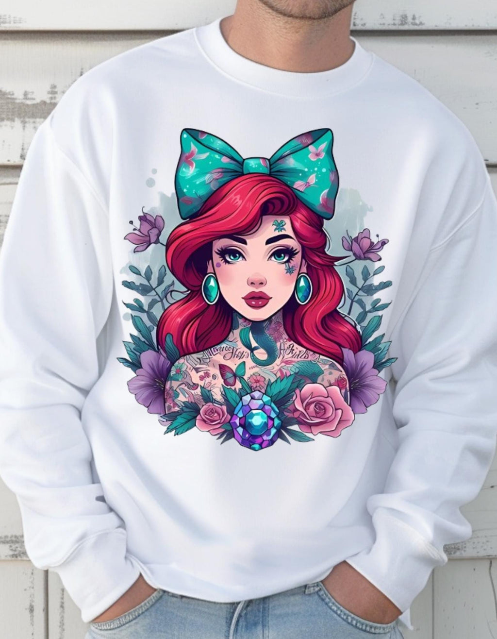 Vintage Tattooed Mermaid Crewneck: Grunge Y2K Unisex Sweater, Alternative Hipster Fashion Pullover