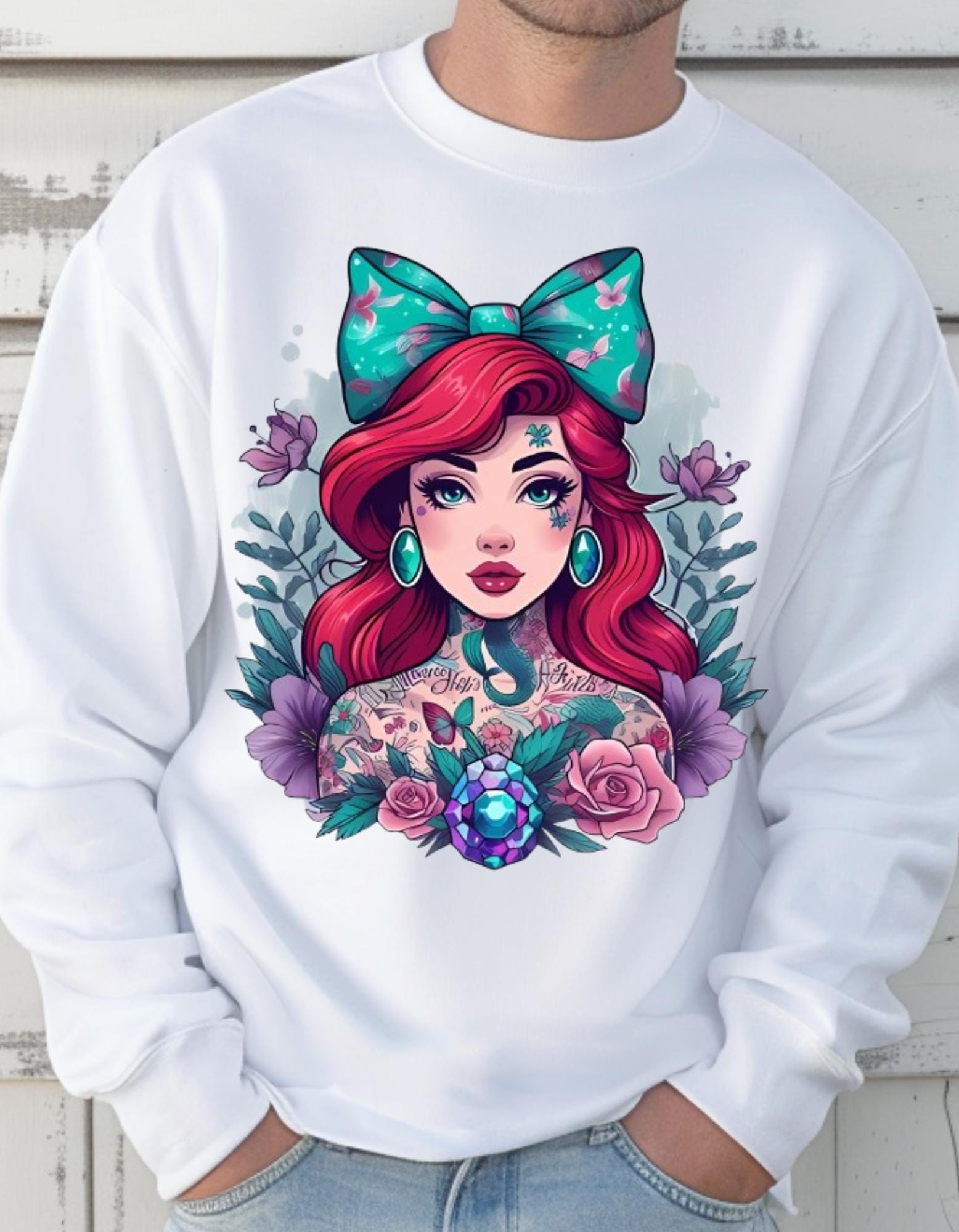 Vintage Tattooed Mermaid Crewneck: Grunge Y2K Unisex Sweater, Alternative Hipster Fashion Pullover