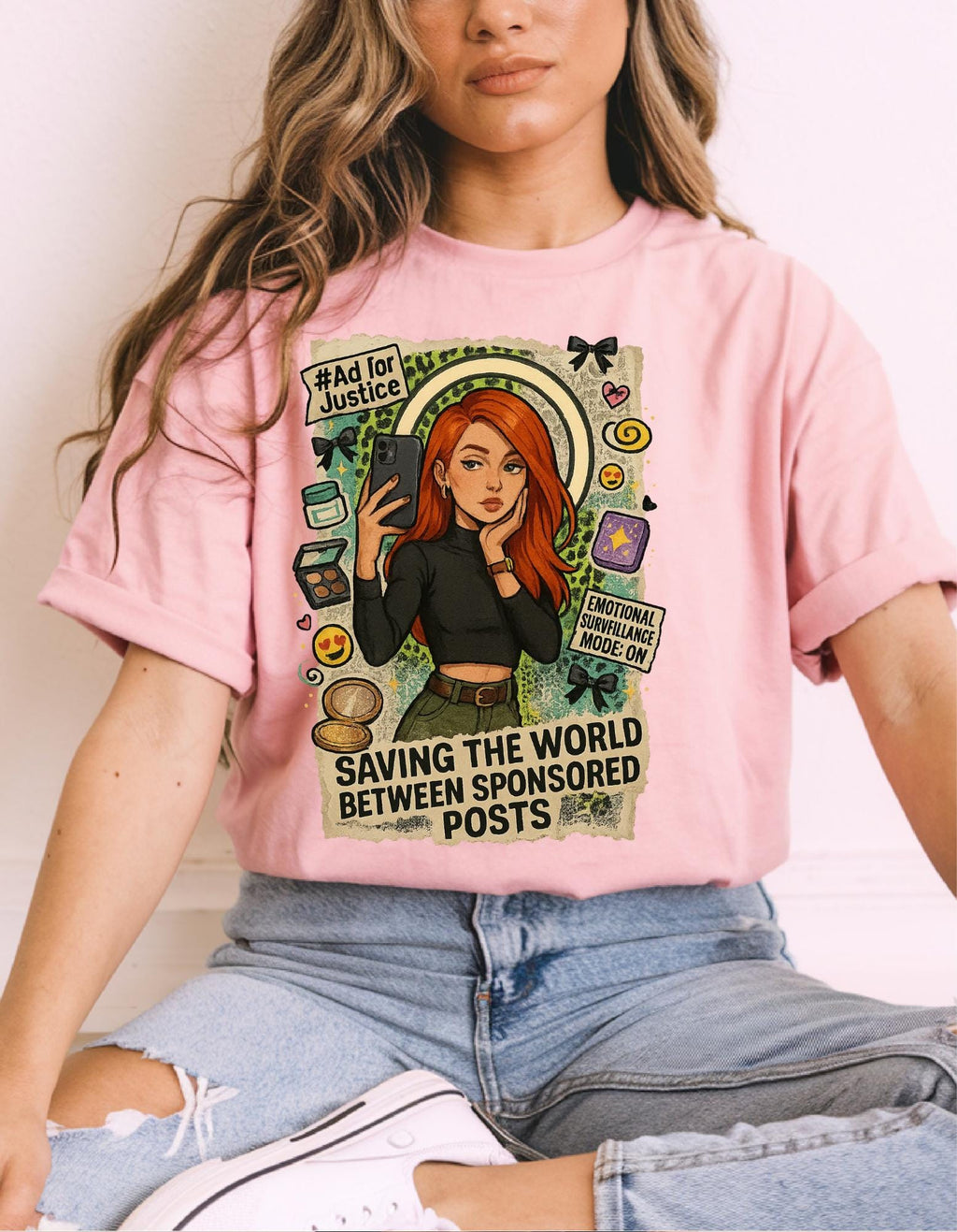 Eco-Friendly Graphic Tee: 'Saving the World Between Sponsored Posts' - Trendsetter Gift