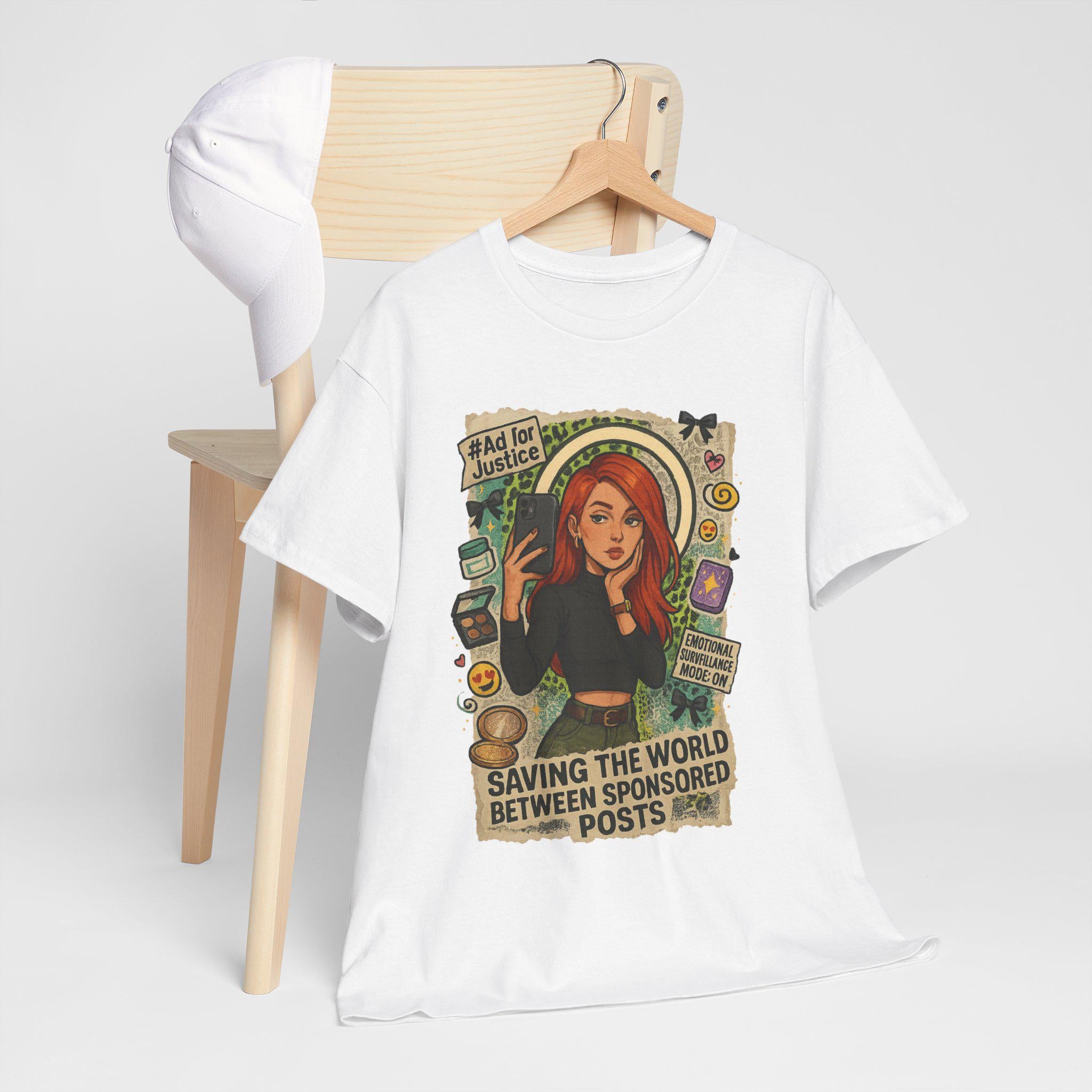 Eco-Friendly Graphic Tee: 'Saving the World Between Sponsored Posts' - Trendsetter Gift