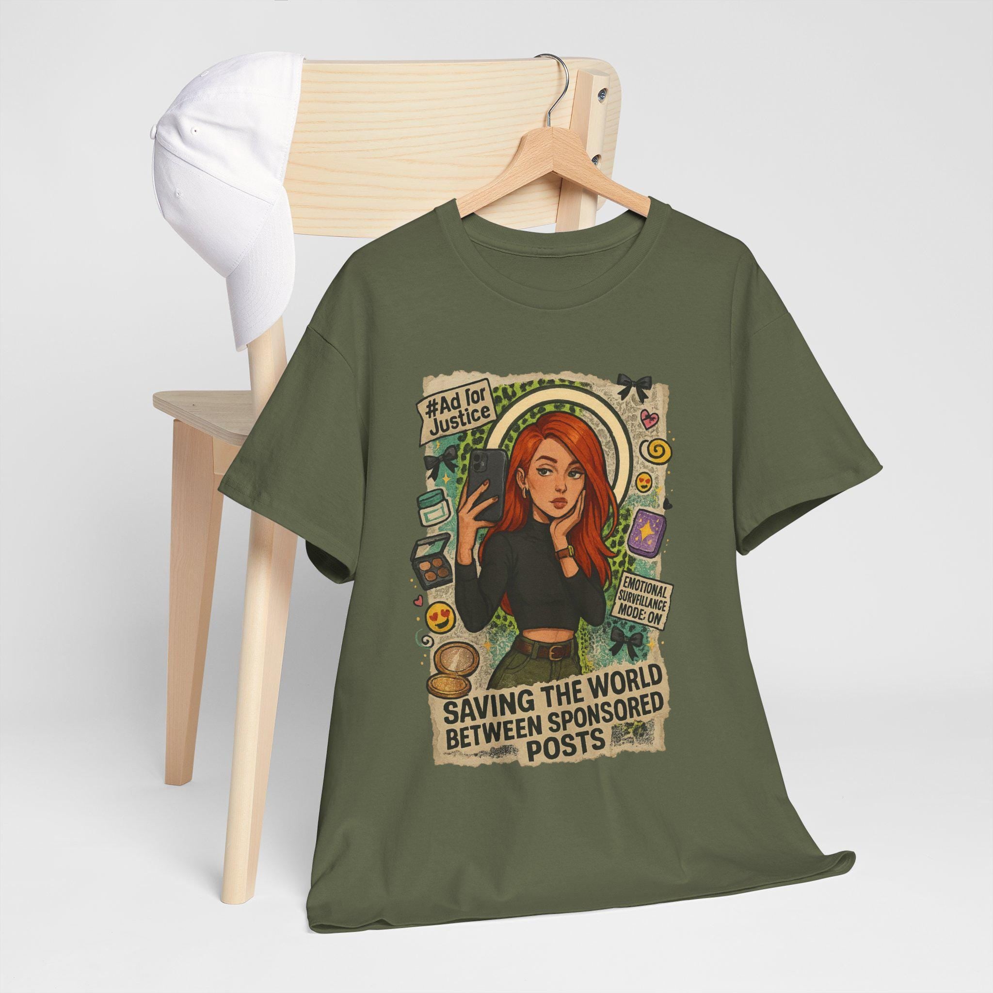 Eco-Friendly Graphic Tee: 'Saving the World Between Sponsored Posts' - Trendsetter Gift