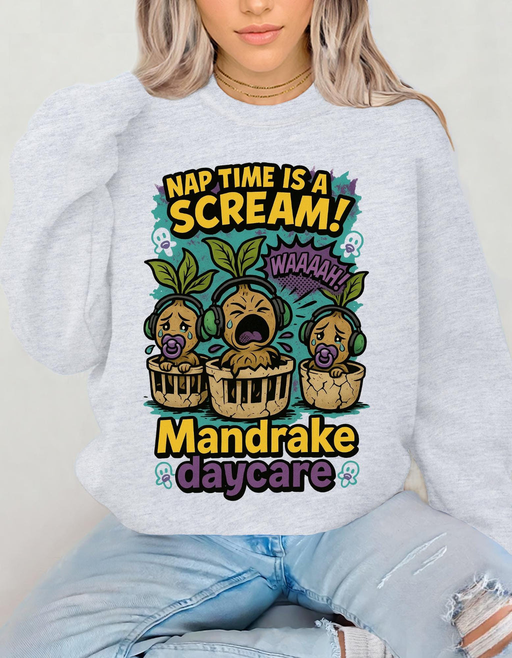 Mandrake Daycare Sweatshirt, Cozy Crewneck, Plant Lover Gift, Halloween Apparel, Folklore Magic