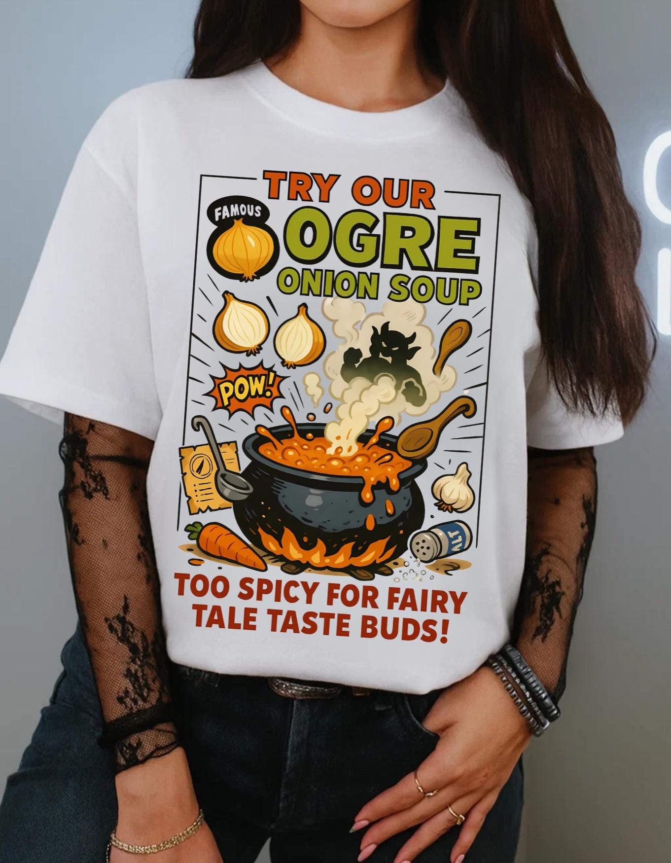 Whimsical Fairy Tale Onion Ogre Soup T-Shirt: Unique Storybook-Inspired Graphic Tee for Fantasy Lovers