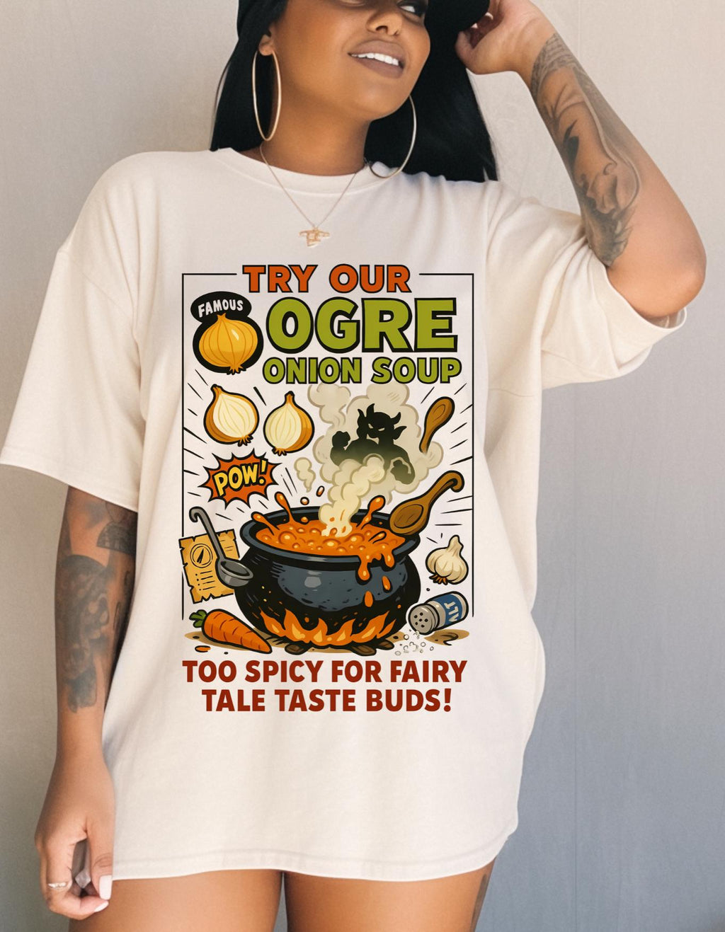 Whimsical Fairy Tale Onion Ogre Soup T-Shirt: Unique Storybook-Inspired Graphic Tee for Fantasy Lovers