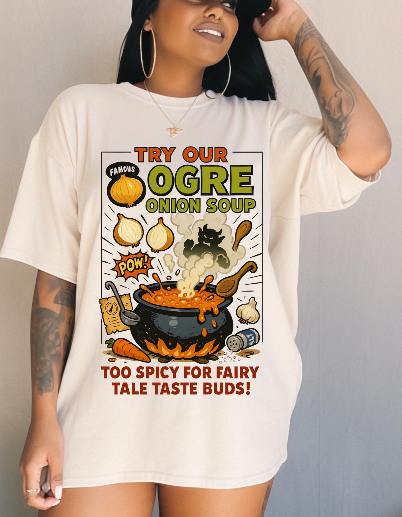 Whimsical Fairy Tale Onion Ogre Soup T-Shirt: Unique Storybook-Inspired Graphic Tee for Fantasy Lovers