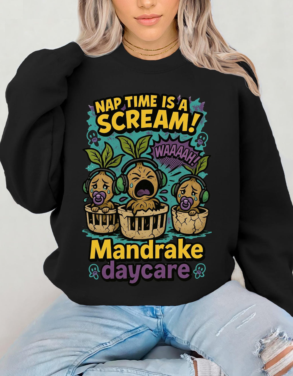Mandrake Daycare Sweatshirt, Cozy Crewneck, Plant Lover Gift, Halloween Apparel, Folklore Magic