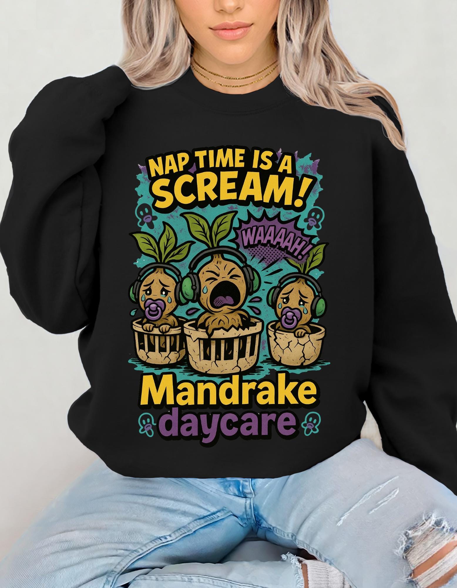 Mandrake Daycare Sweatshirt, Cozy Crewneck, Plant Lover Gift, Halloween Apparel, Folklore Magic