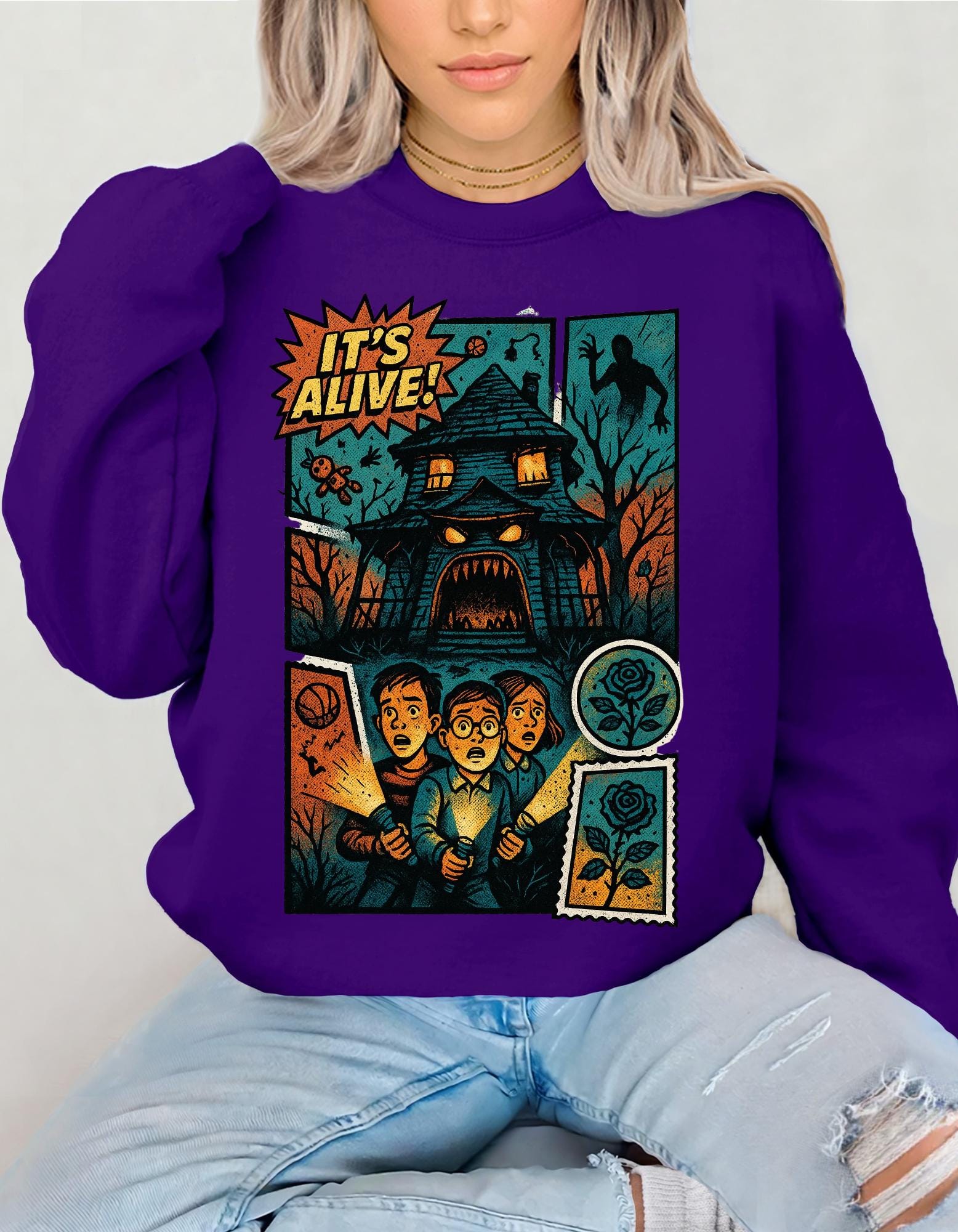 Halloween Crewneck Sweatshirt: Spooky Comic Monster Design