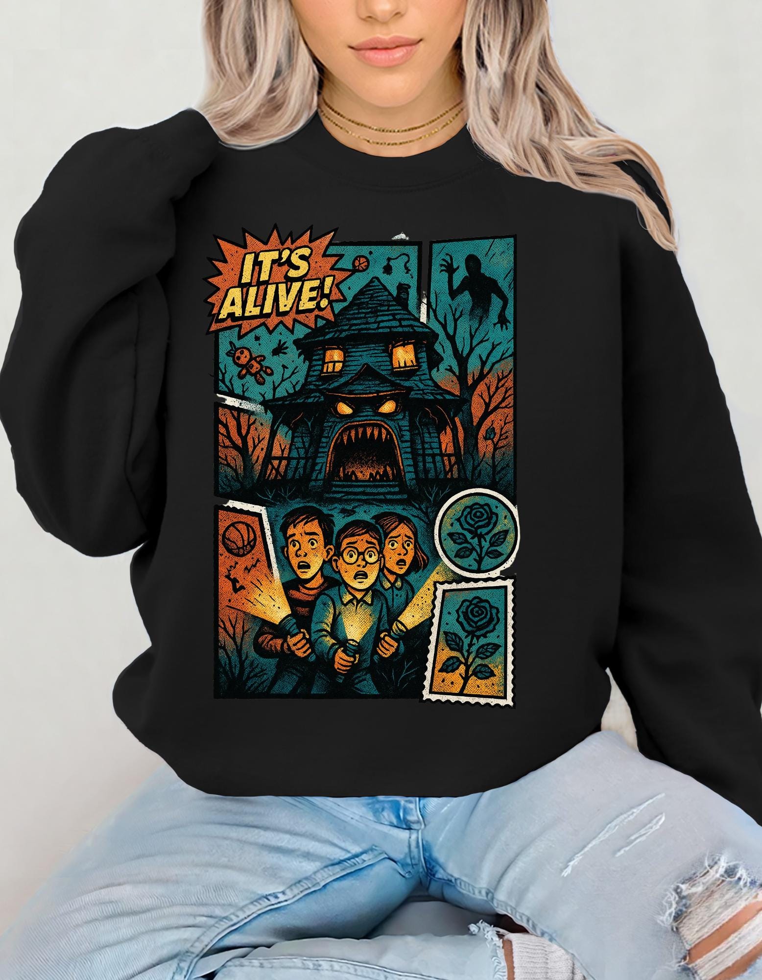 Halloween Crewneck Sweatshirt: Spooky Comic Monster Design