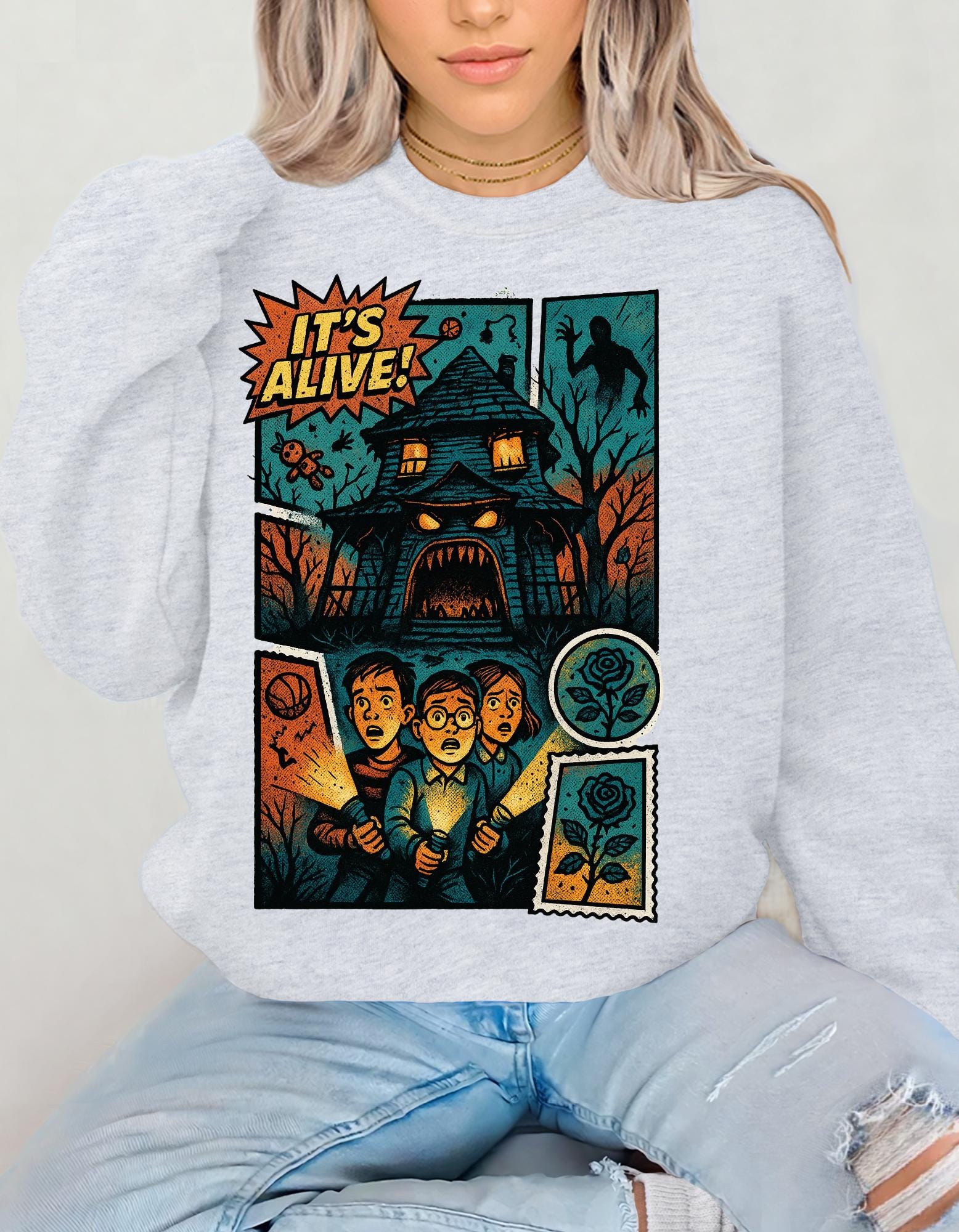 Halloween Crewneck Sweatshirt: Spooky Comic Monster Design