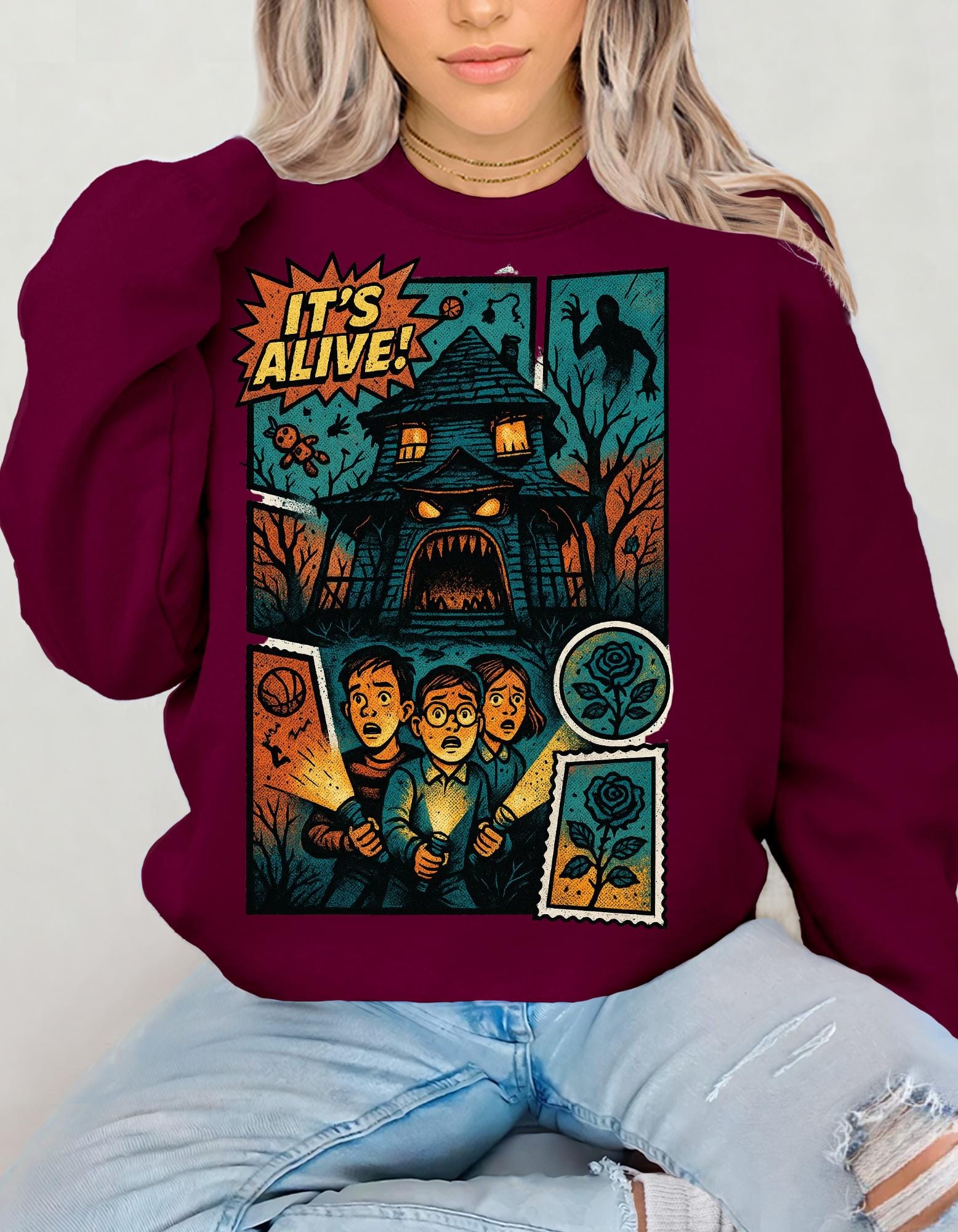 Halloween Crewneck Sweatshirt: Spooky Comic Monster Design