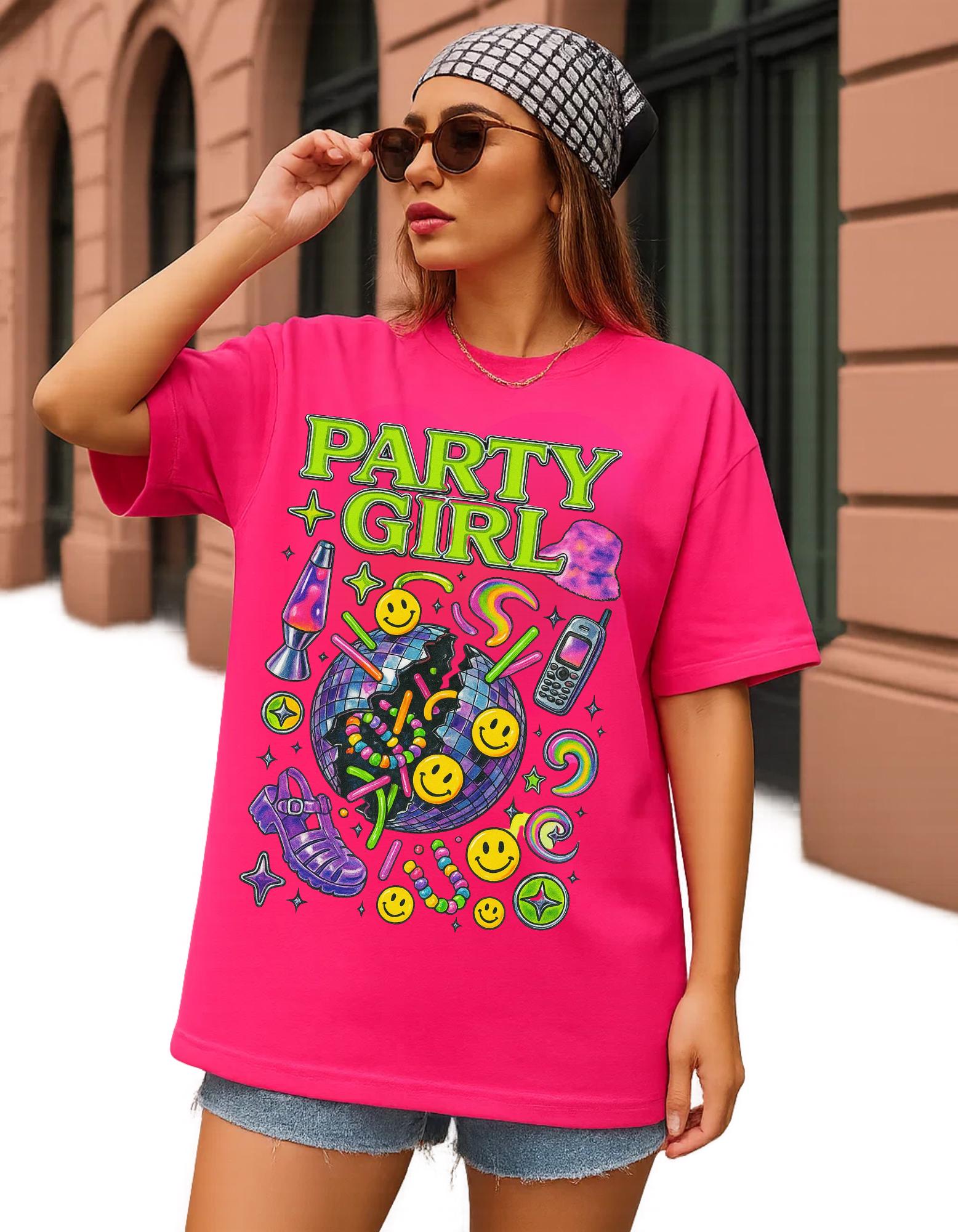 Vibrant Party Girl Tee: Retro Graphic Y2K Top