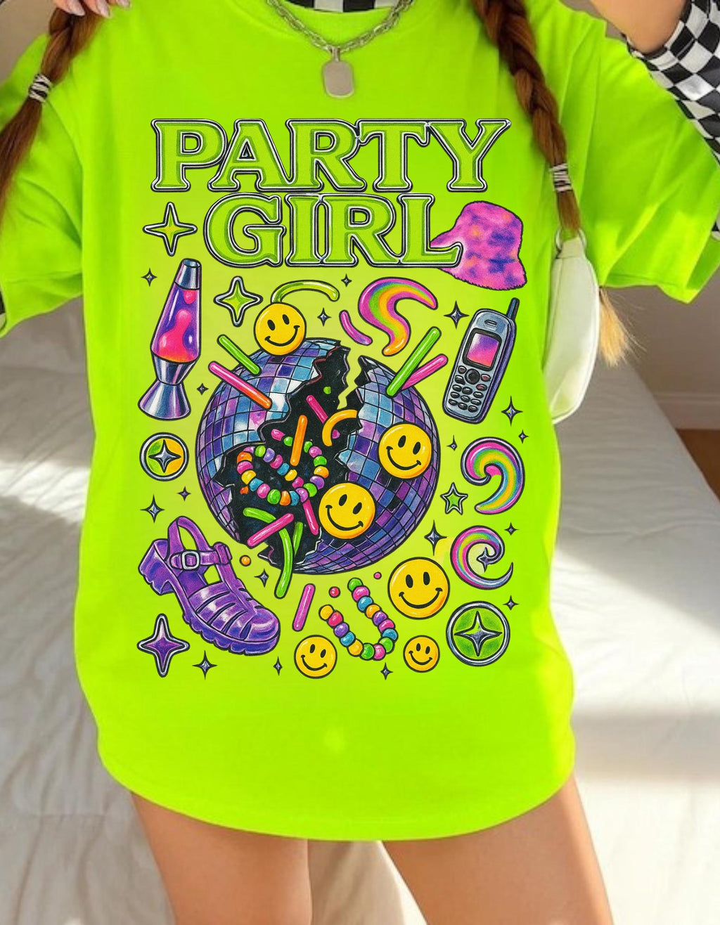 Vibrant Party Girl Tee: Retro Graphic Y2K Top