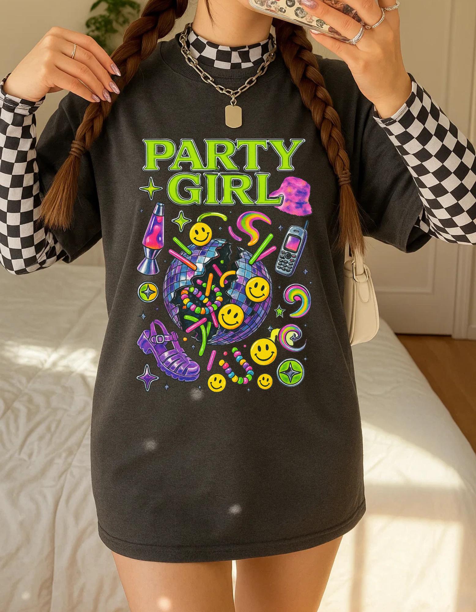 Vibrant Party Girl Tee: Retro Graphic Y2K Top