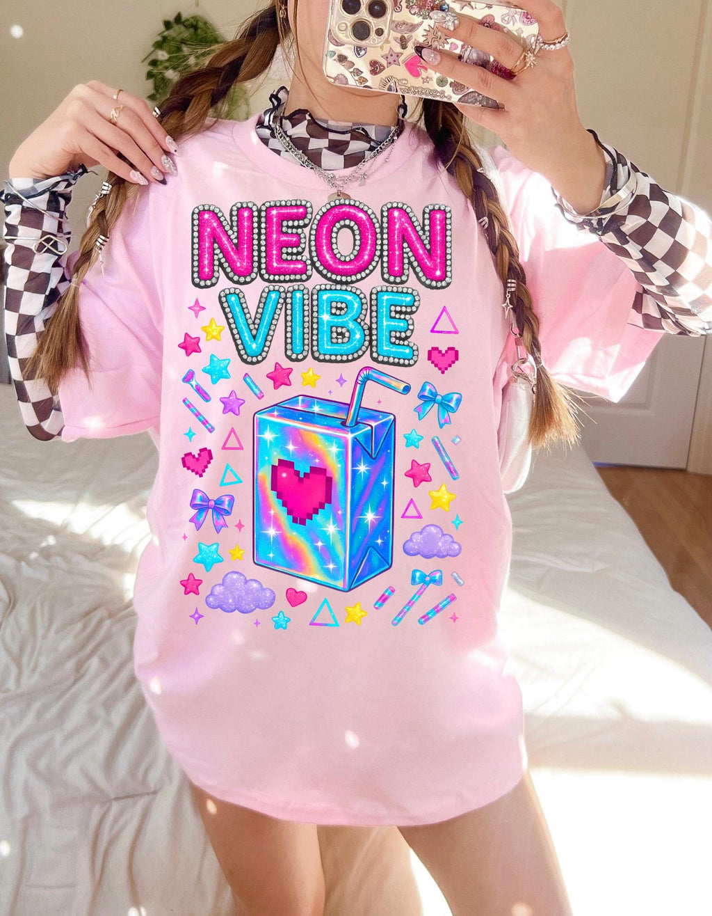 Y2K Neon Chrome Font Tee: Bedazzled 90s Retro Shirt