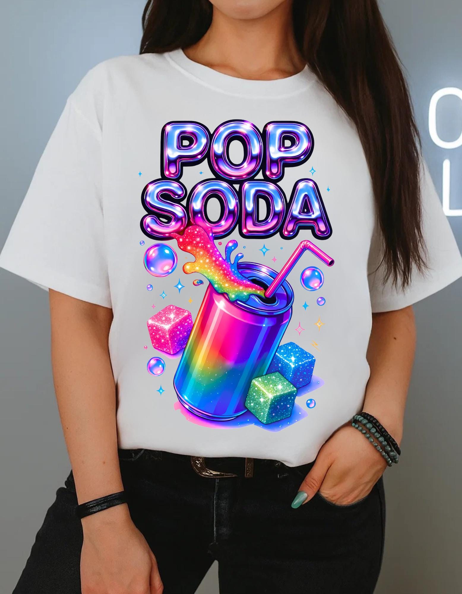 Y2K Holographic Soda Pop Chrome Candy Retro Graphic T-Shirt Unisex Cotton Tee