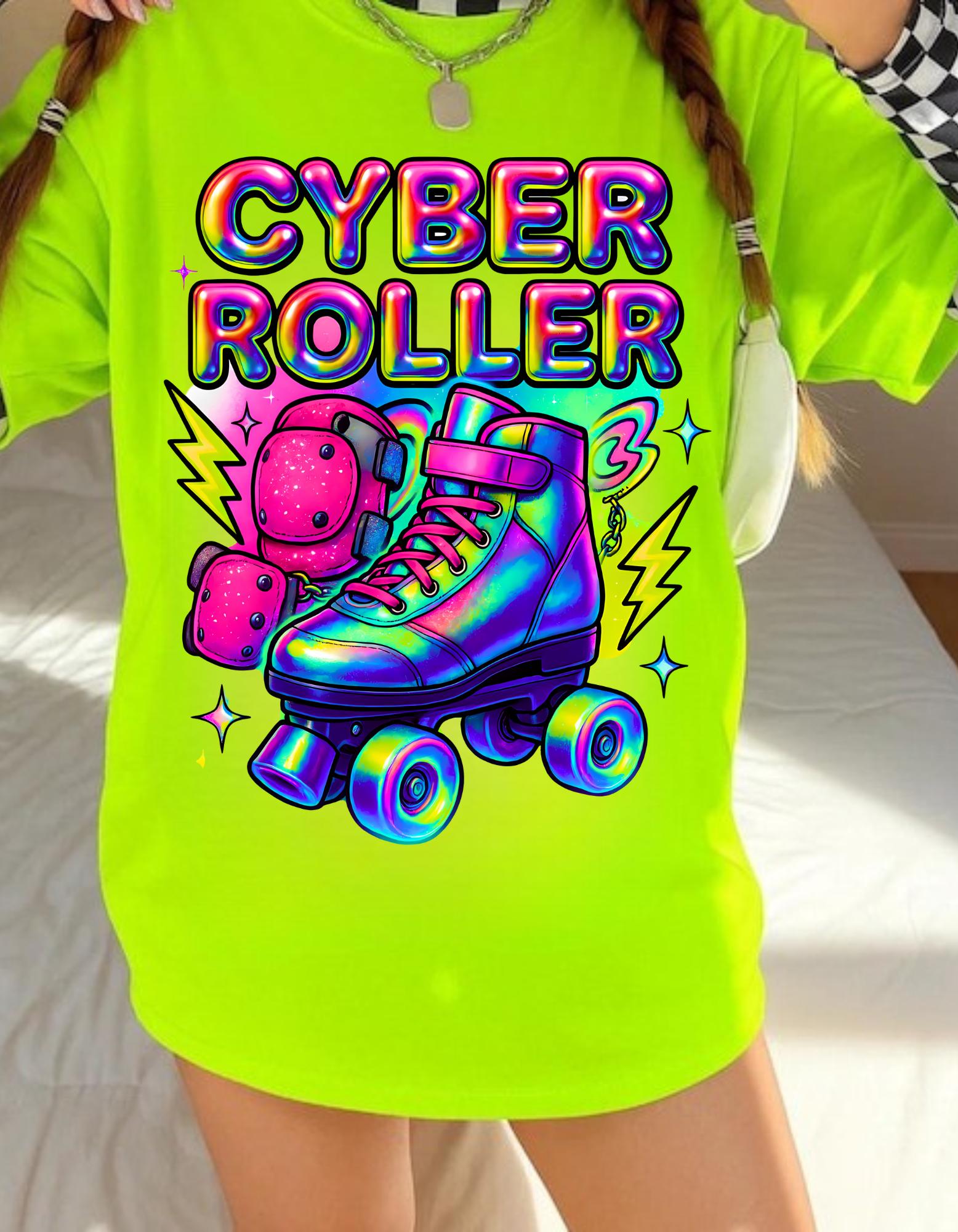 Y2K Rainbow Roller Skate Tee Cyber Chrome Party Shirt Neon Colorful Unisex Cotton Top
