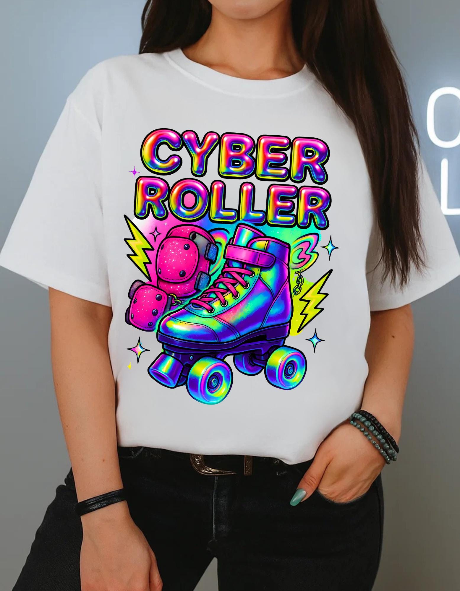 Y2K Rainbow Roller Skate Tee Cyber Chrome Party Shirt Neon Colorful Unisex Cotton Top