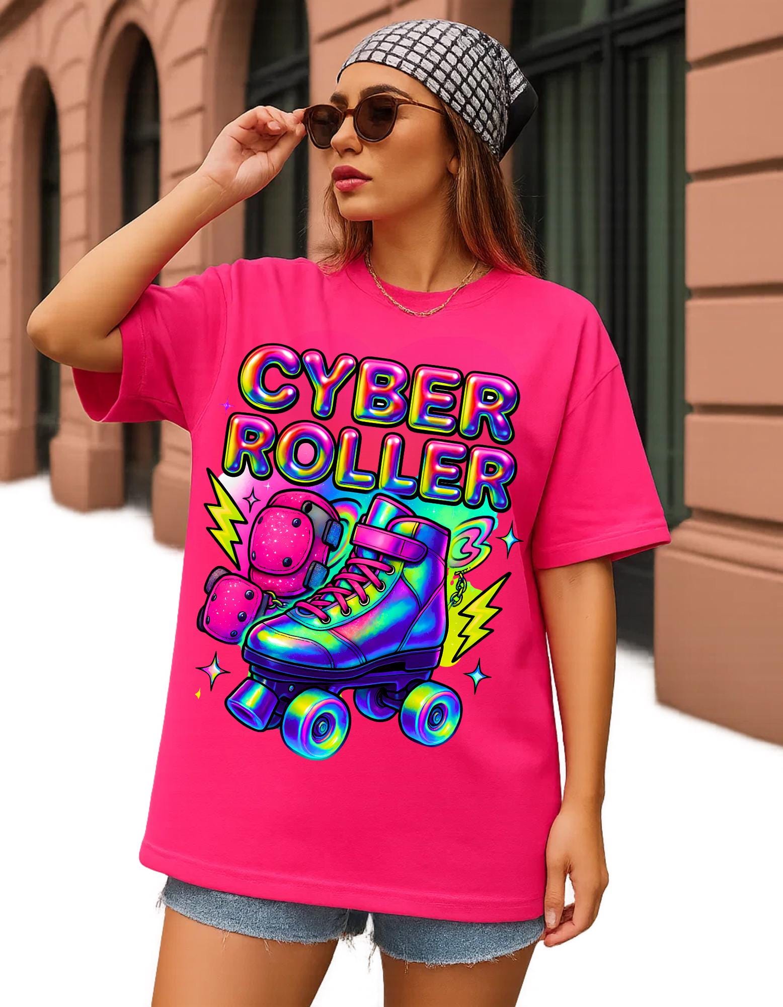 Y2K Rainbow Roller Skate Tee Cyber Chrome Party Shirt Neon Colorful Unisex Cotton Top