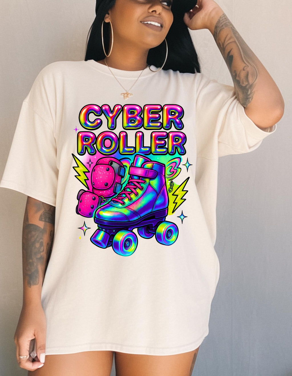 Y2K Rainbow Roller Skate Tee Cyber Chrome Party Shirt Neon Colorful Unisex Cotton Top