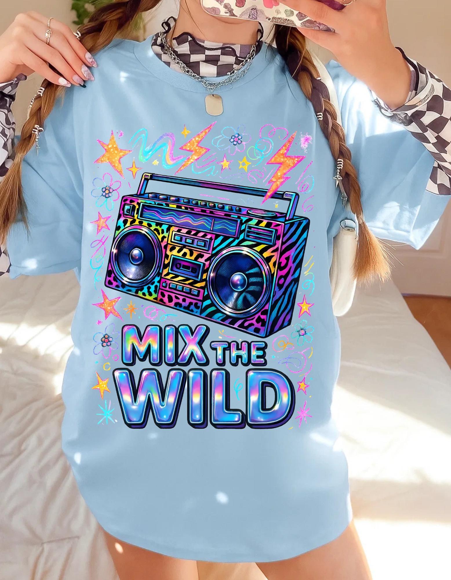 Retro Boombox Graphic Tee Vibrant Unisex Music T-Shirt Vintage Festival Wear
