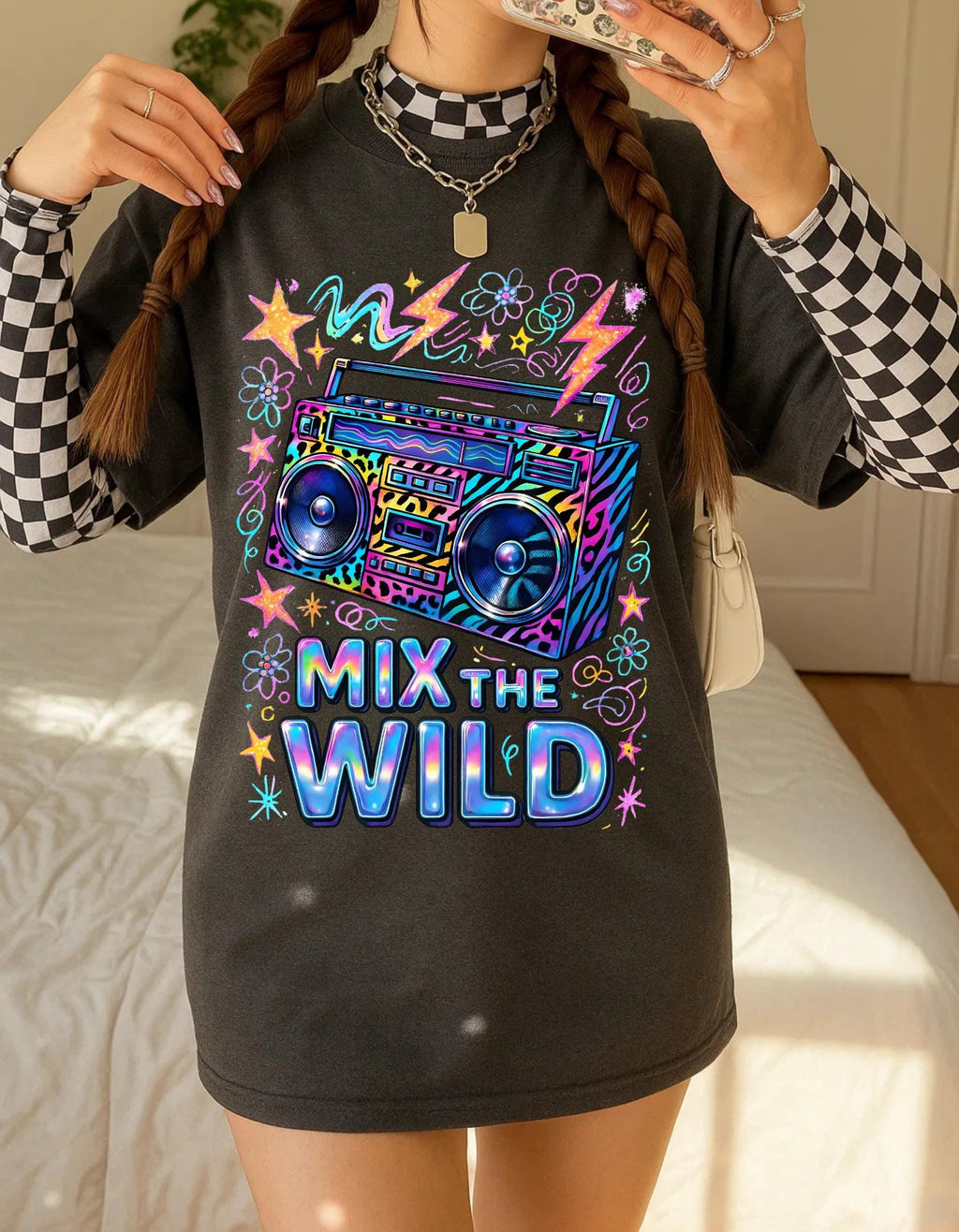 Retro Boombox Graphic Tee Vibrant Unisex Music T-Shirt Vintage Festival Wear