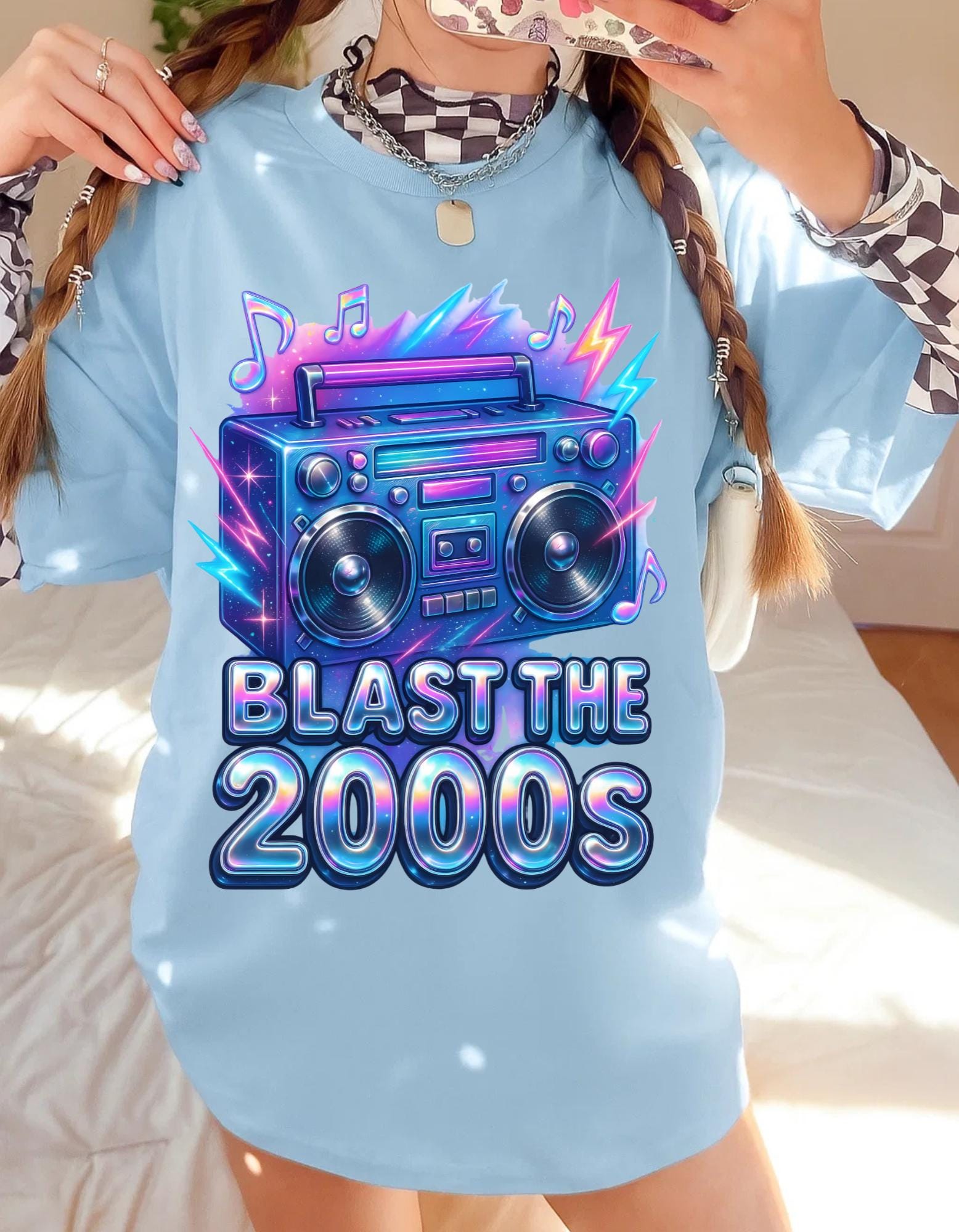 Y2K Boombox T-Shirt: Retro 2000s Chrome Font Graphic Tee