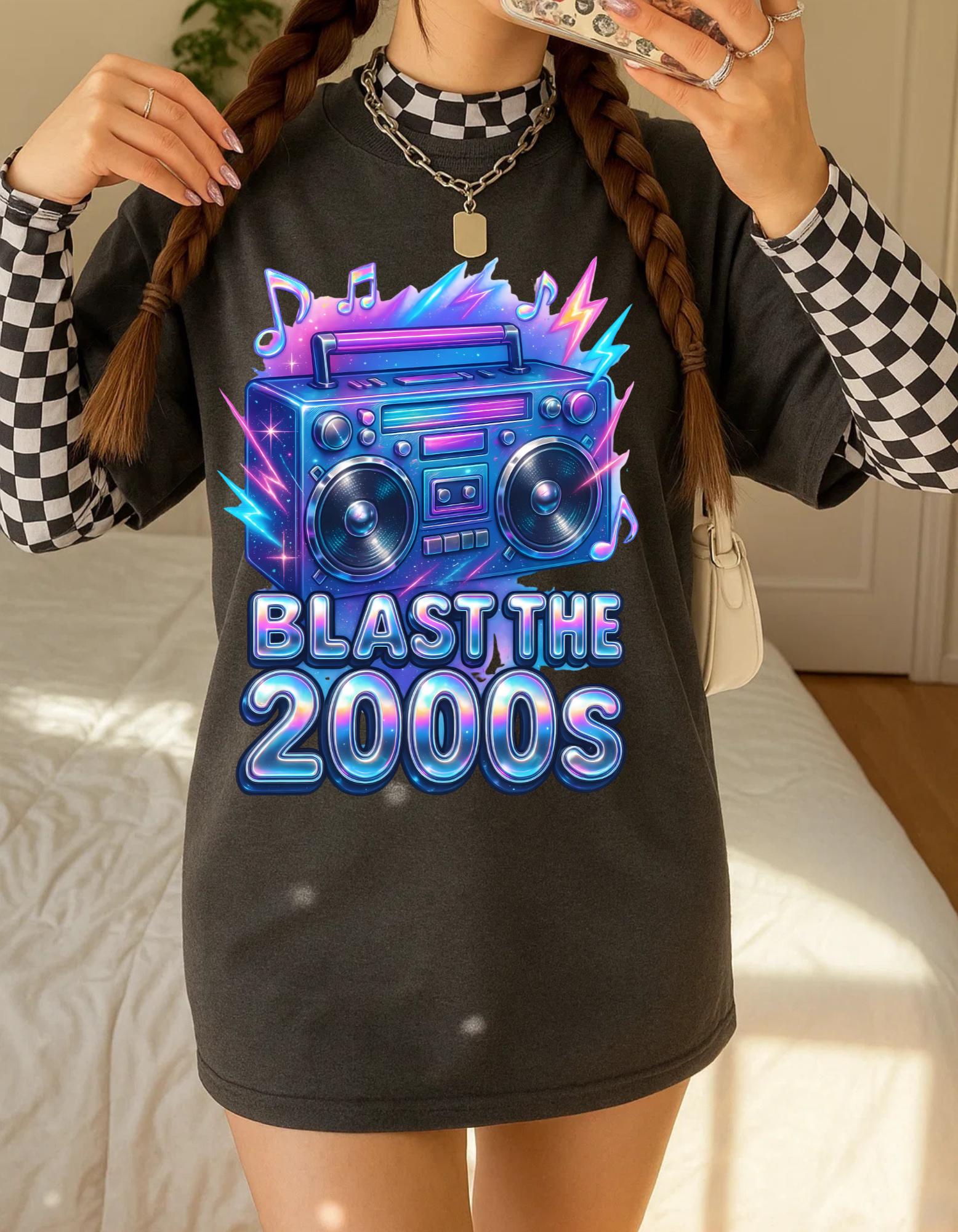 Y2K Boombox T-Shirt: Retro 2000s Chrome Font Graphic Tee