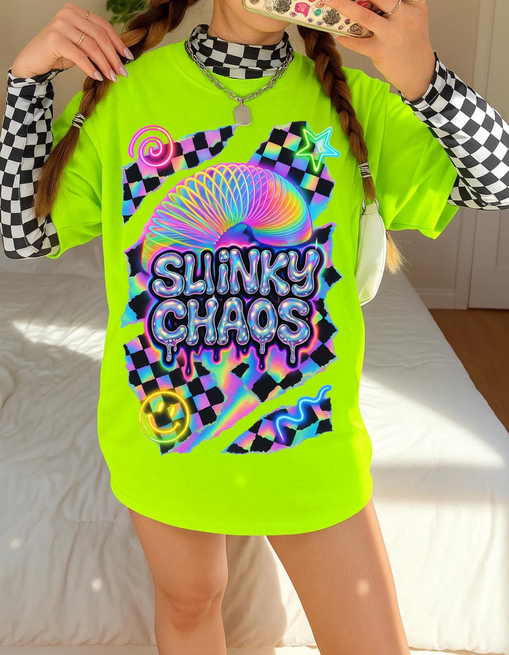 Y2K Neon Spiral Heavy Cotton Tee - 90s Retro Graphic Shirt