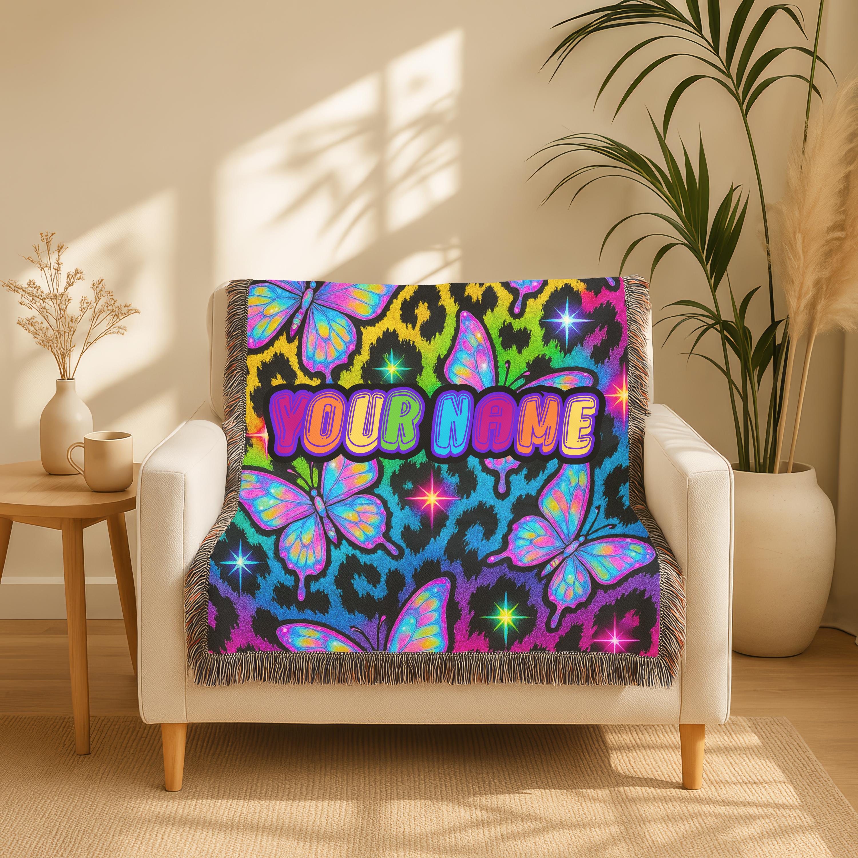 Y2K Butterfly Neon Leopard Print Woven Blanket: Personalized Cozy Throw for Home Decor