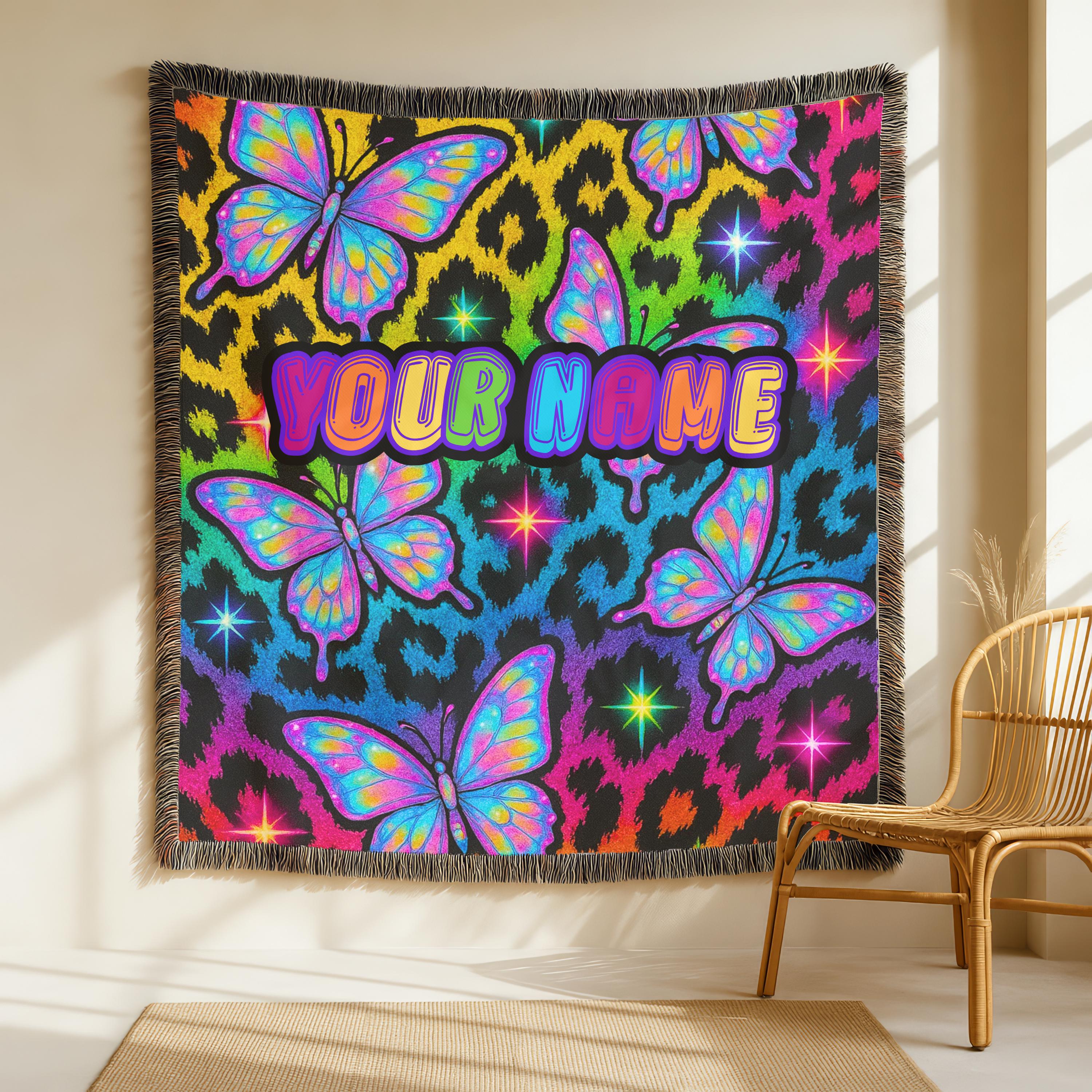 Y2K Butterfly Neon Leopard Print Woven Blanket: Personalized Cozy Throw for Home Decor