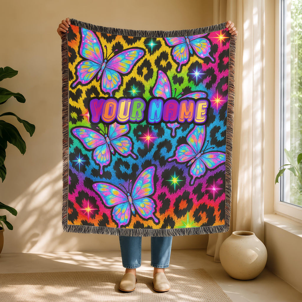 Y2K Butterfly Neon Leopard Print Woven Blanket: Personalized Cozy Throw for Home Decor