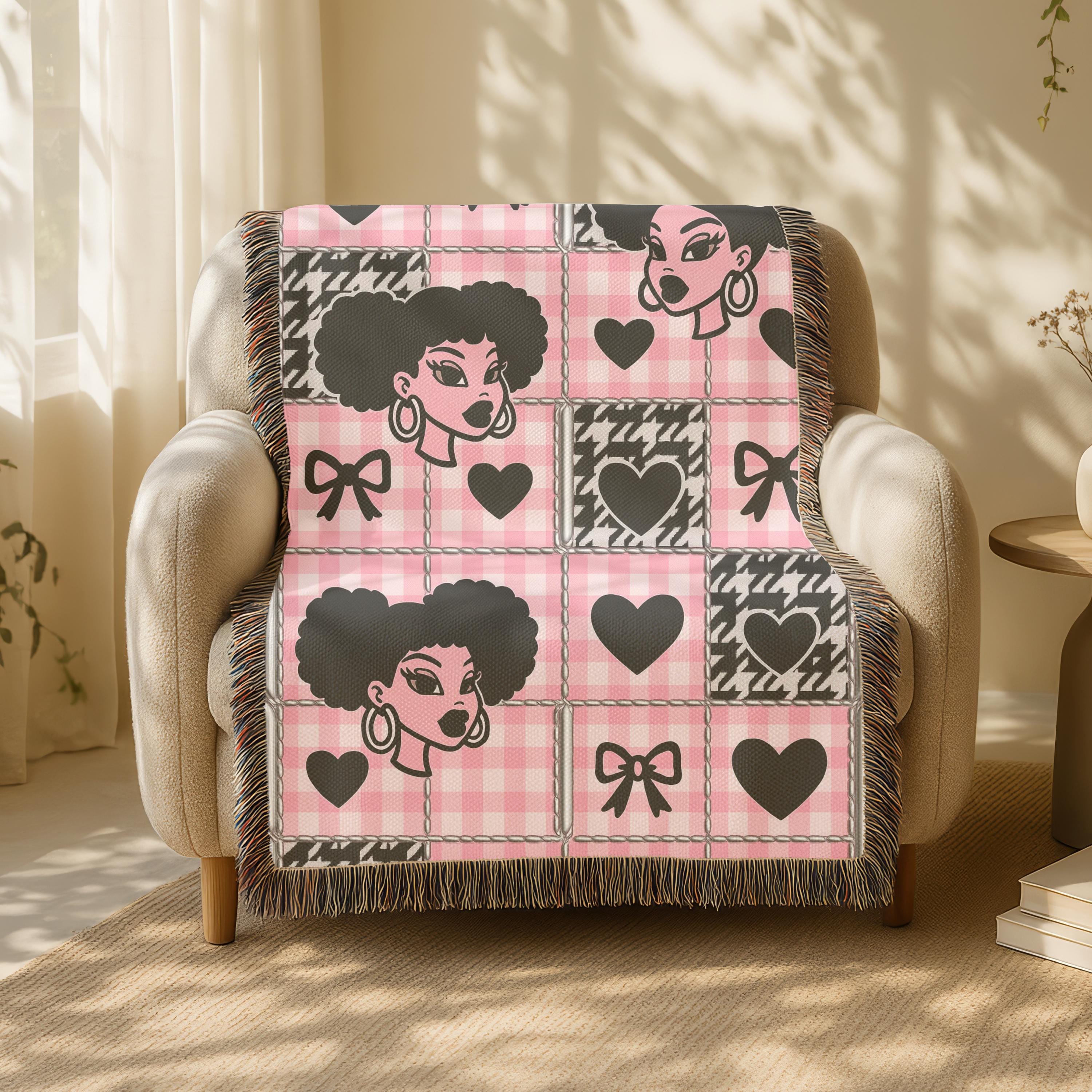 Black Girl Magic Woven Blanket: Pink Checkerboard Cotton Throw