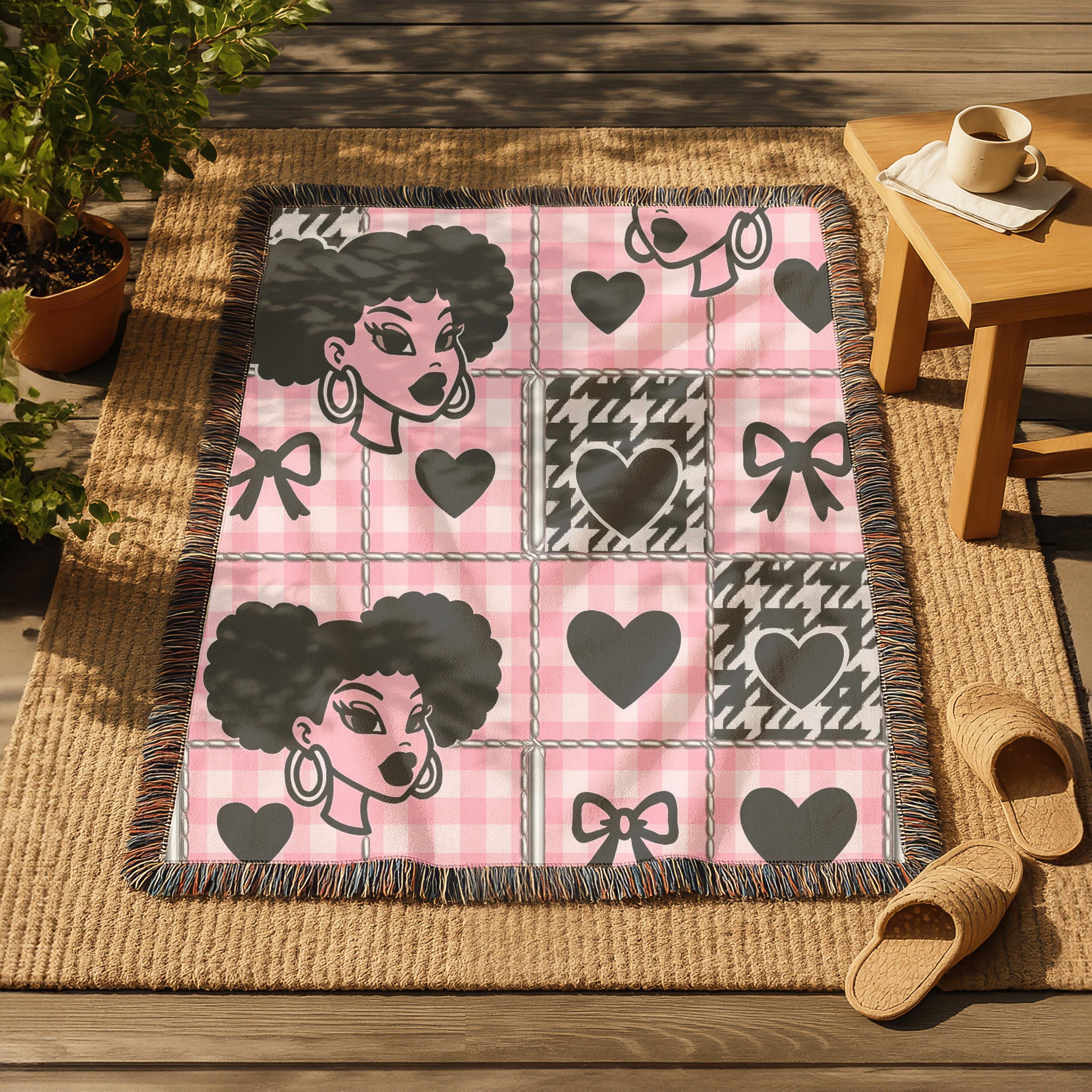 Black Girl Magic Woven Blanket: Pink Checkerboard Cotton Throw