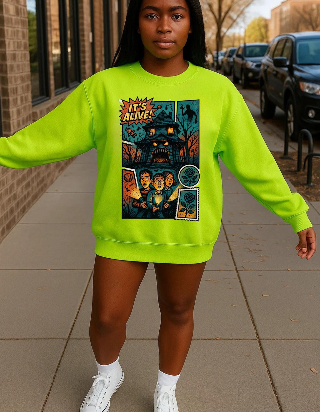 Halloween Crewneck Sweatshirt: Spooky Comic Monster Design