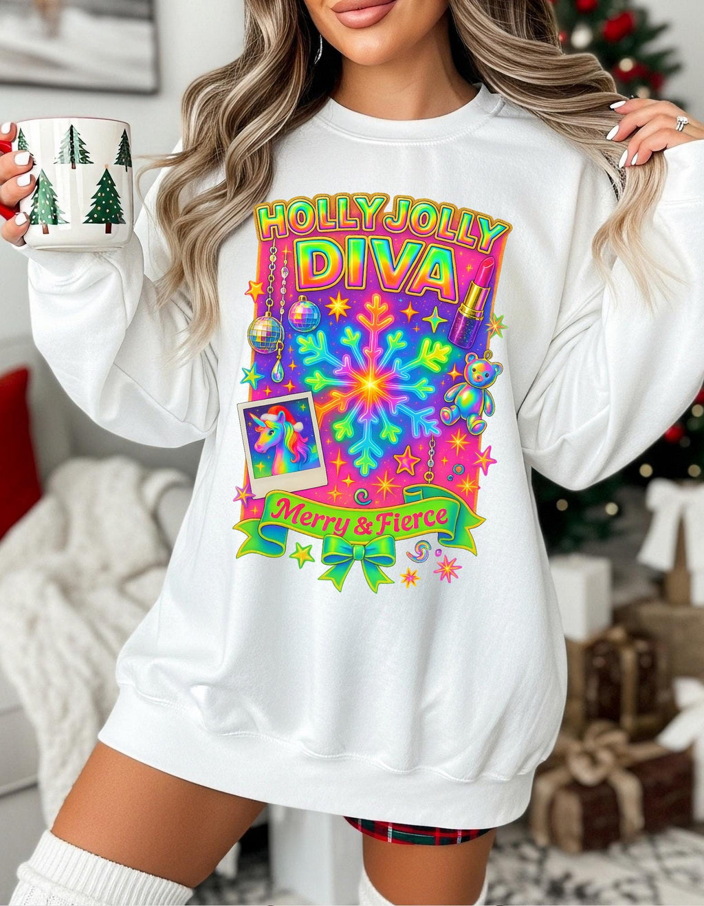 Merry & Fierce Diva Holiday Crewneck Sweatshirt: Festive Unisex Graphic Pullover for Winter Celebrations