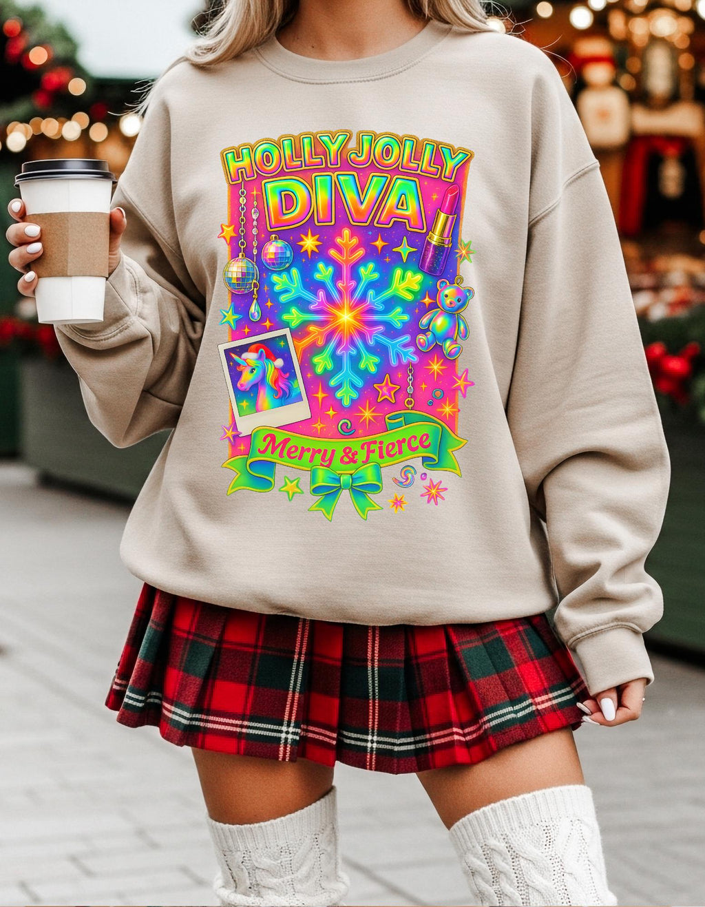 Merry & Fierce Diva Holiday Crewneck Sweatshirt: Festive Unisex Graphic Pullover for Winter Celebrations