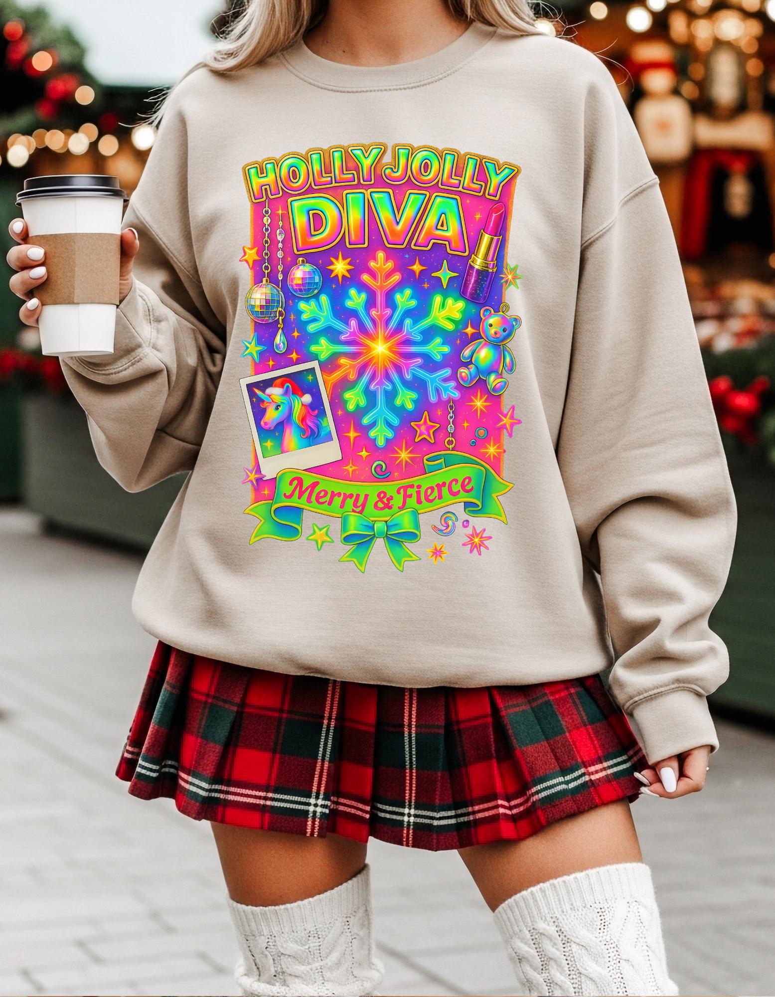 Merry & Fierce Diva Holiday Crewneck Sweatshirt: Festive Unisex Graphic Pullover for Winter Celebrations